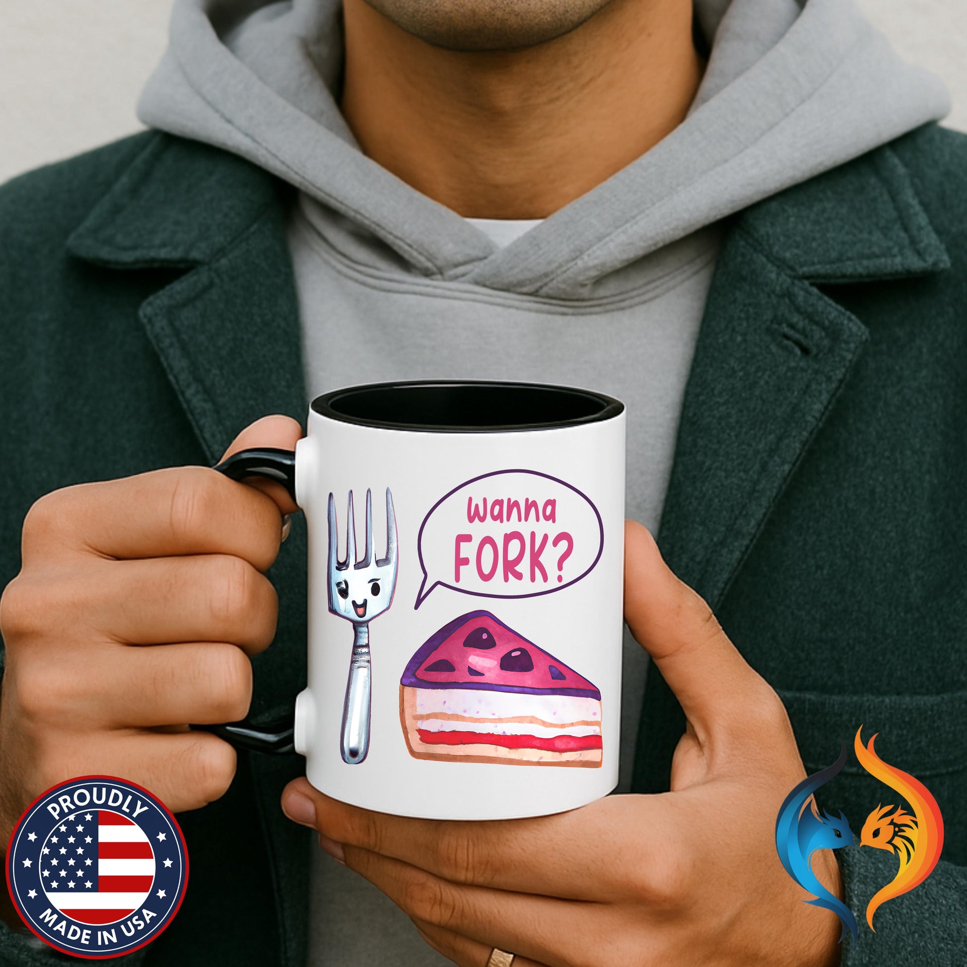 Wanna Fork? Cute Cake & Fork Illustration Mug Product Photo | Nutty Designs