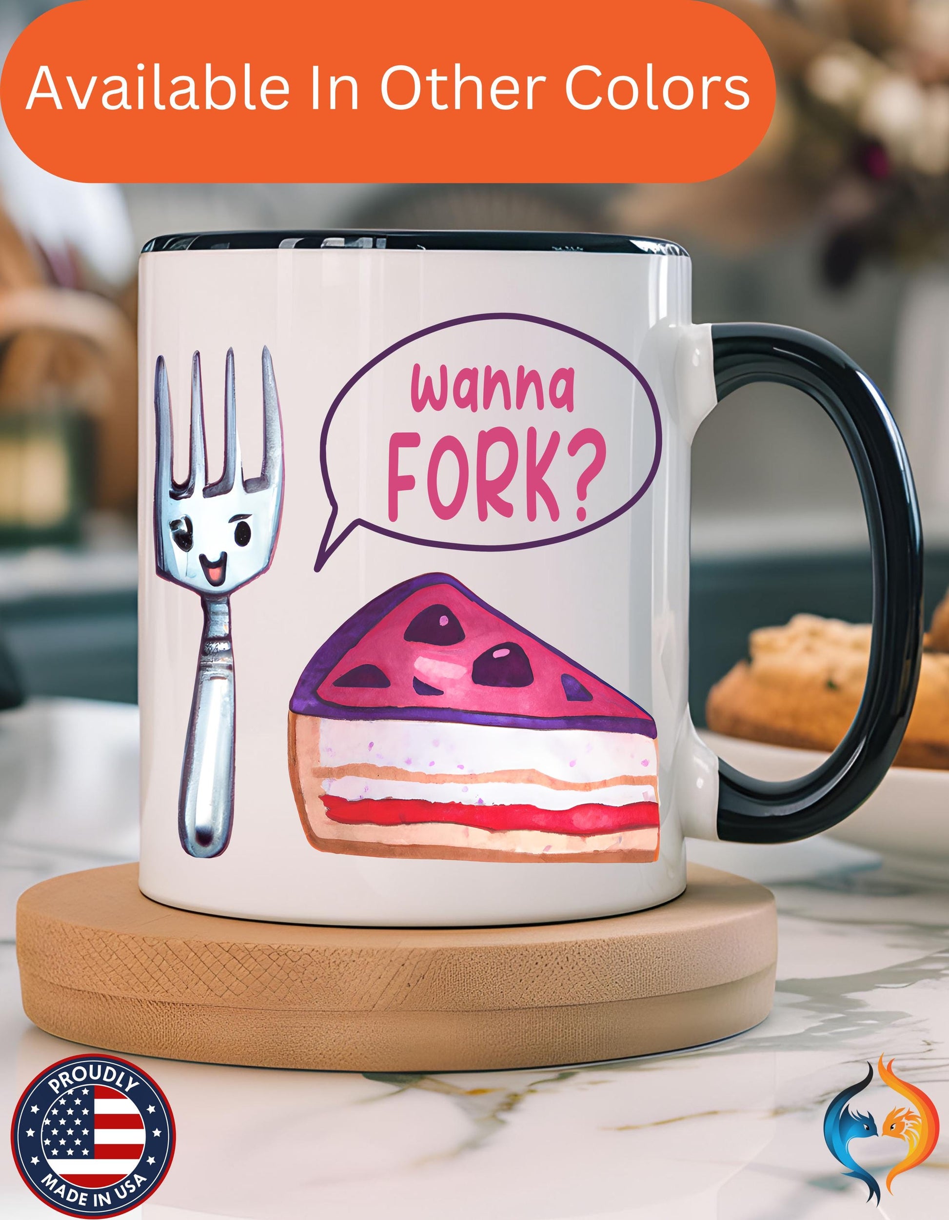 Wanna Fork? Cute Cake & Fork Illustration Mug Product Photo | Nutty Designs
