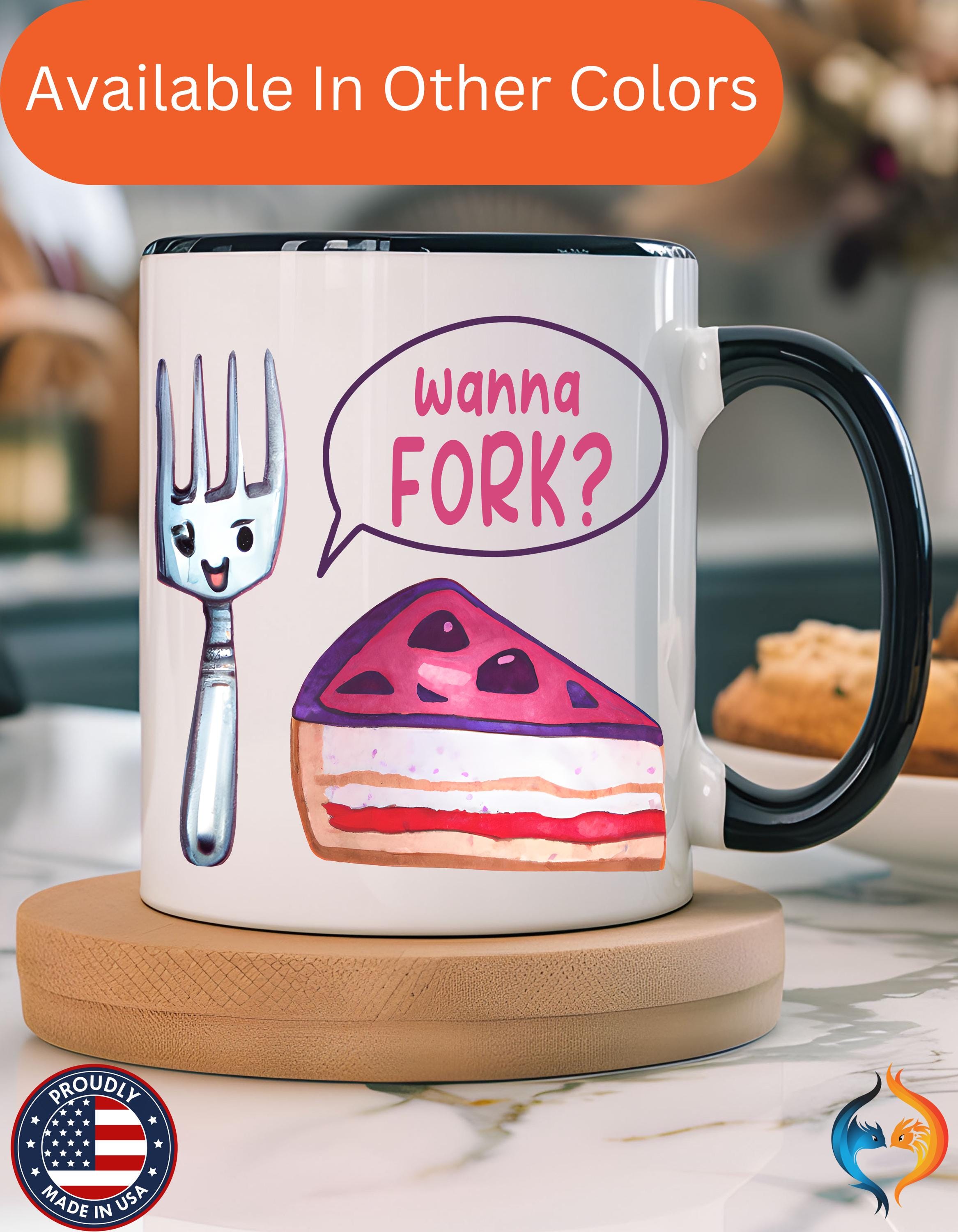 Wanna Fork? Cute Cake & Fork Illustration Mug Product Photo | Nutty Designs