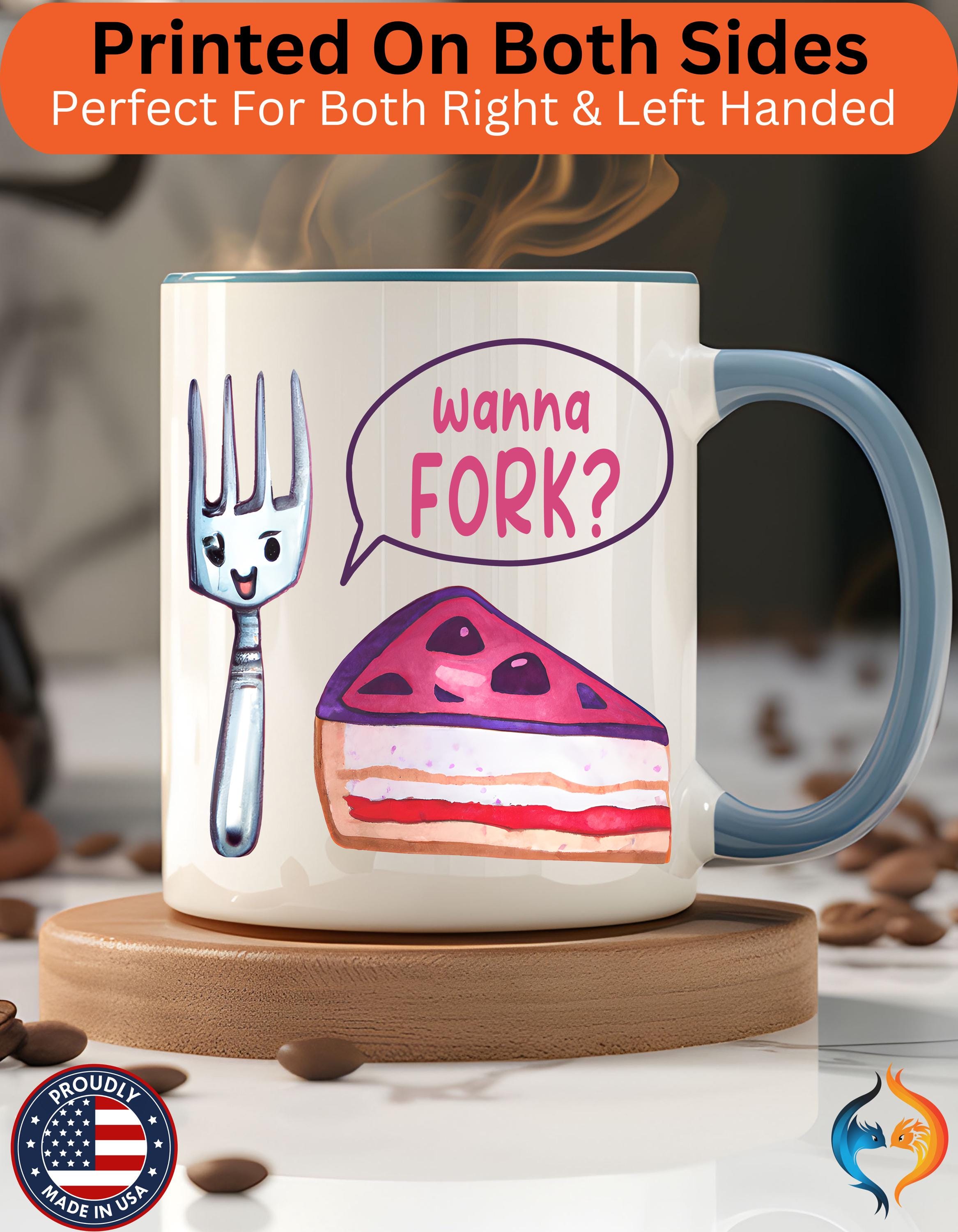 Wanna Fork? Cute Cake & Fork Illustration Mug Product Photo | Nutty Designs