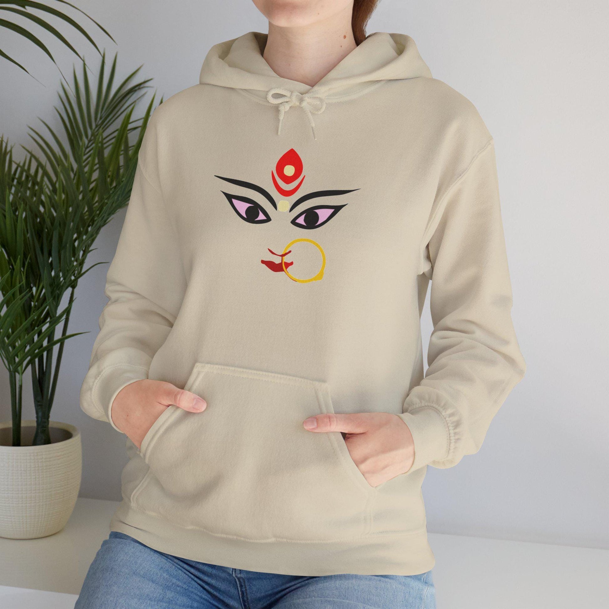Goddess Durga Eyes – Divine Bengali Durga Puja Hoodie Lifestyle Mockup | Nutty Designs