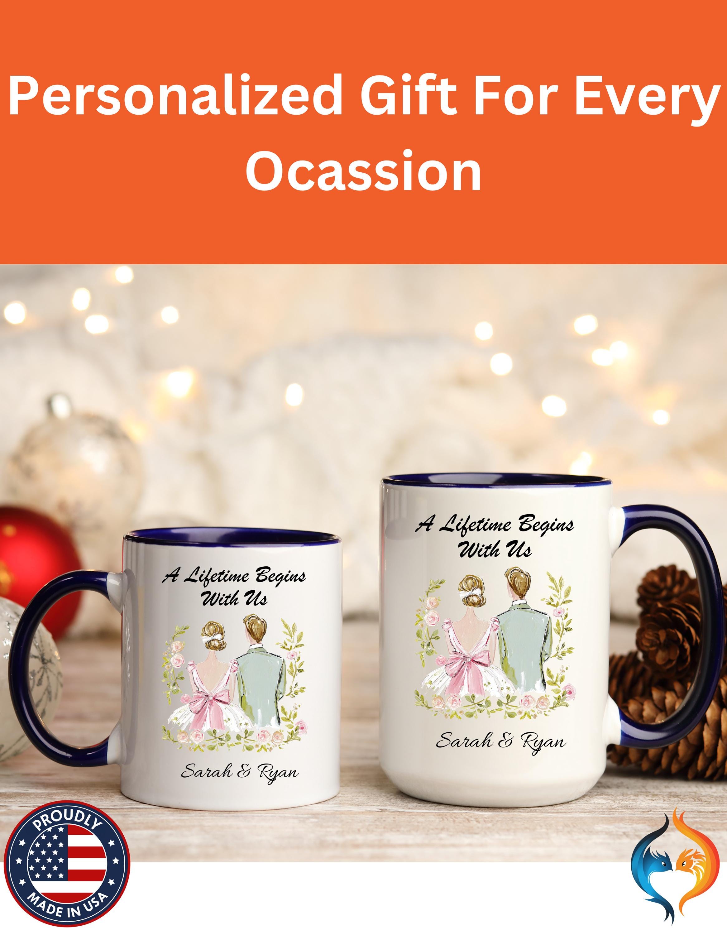 Bride and Groom Illustration A Lifetime Begins With Us Mug Product Photo | Nutty Designs