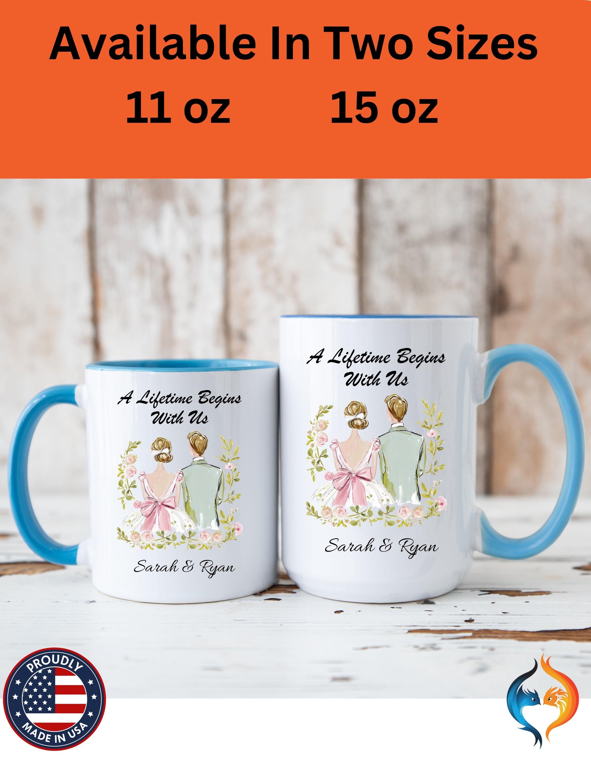 Bride and Groom Illustration A Lifetime Begins With Us Mug Product Photo | Nutty Designs