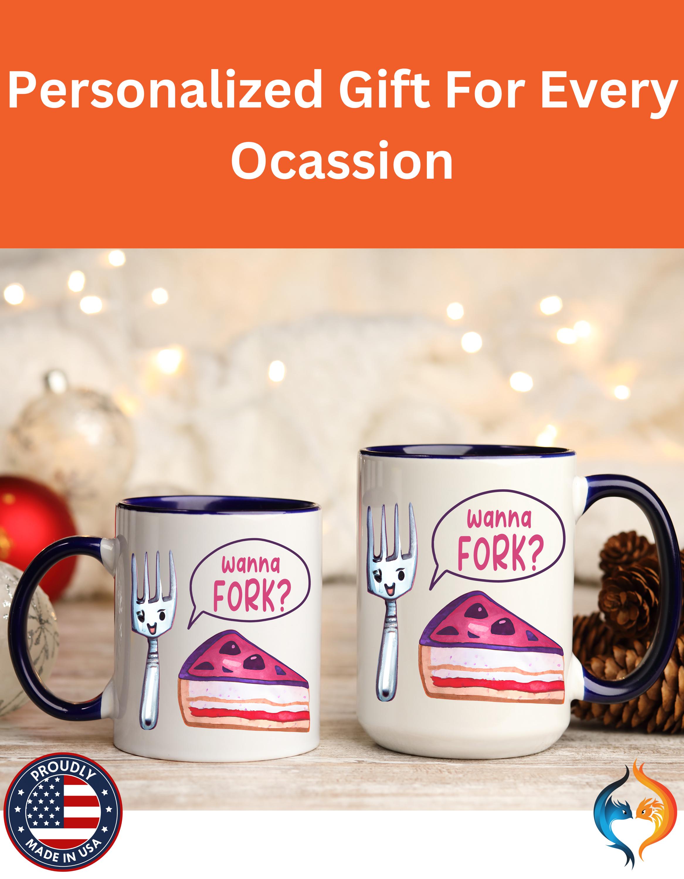 Wanna Fork? Cute Cake & Fork Illustration Mug Product Photo | Nutty Designs