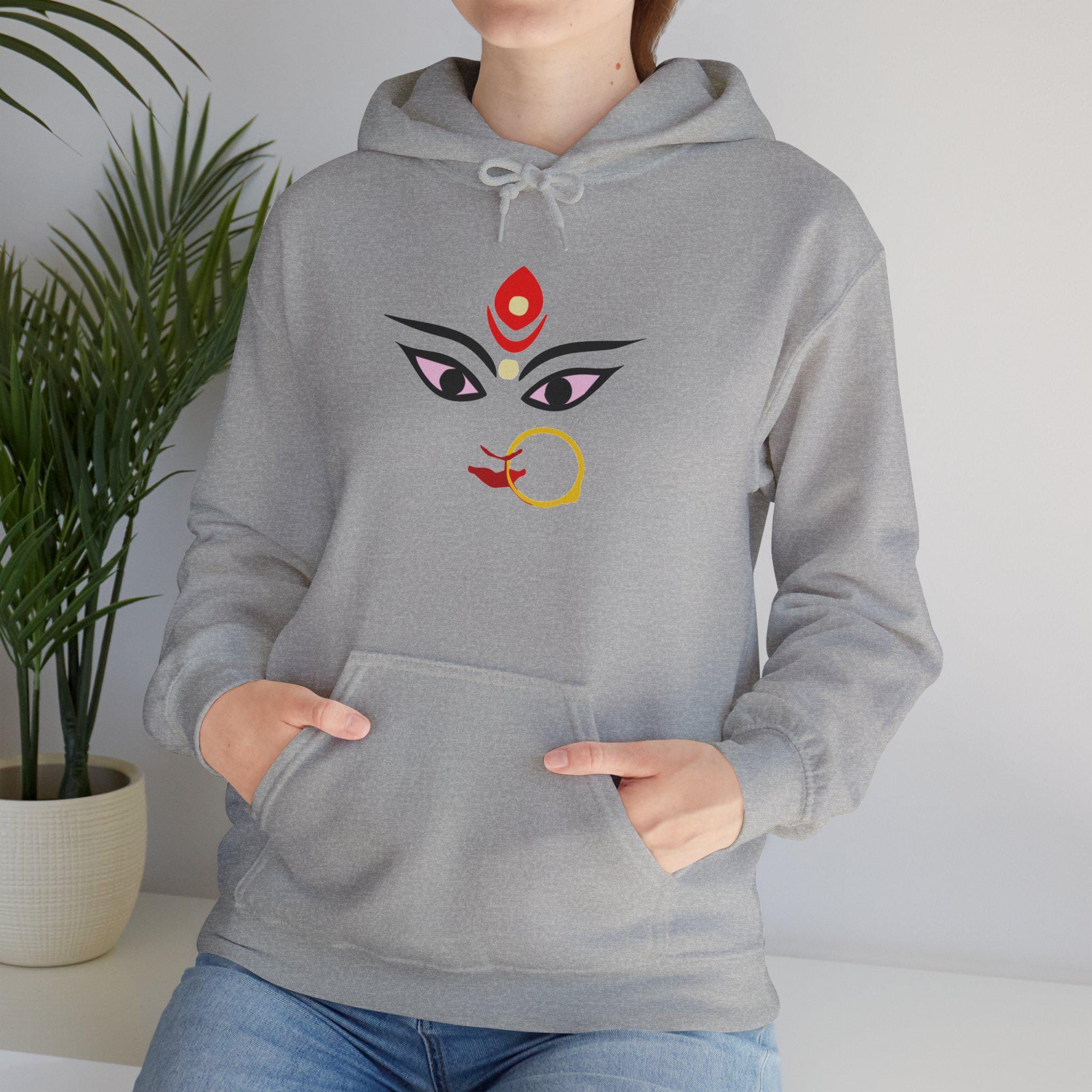 Goddess Durga Eyes – Divine Bengali Durga Puja Hoodie Lifestyle Mockup | Nutty Designs