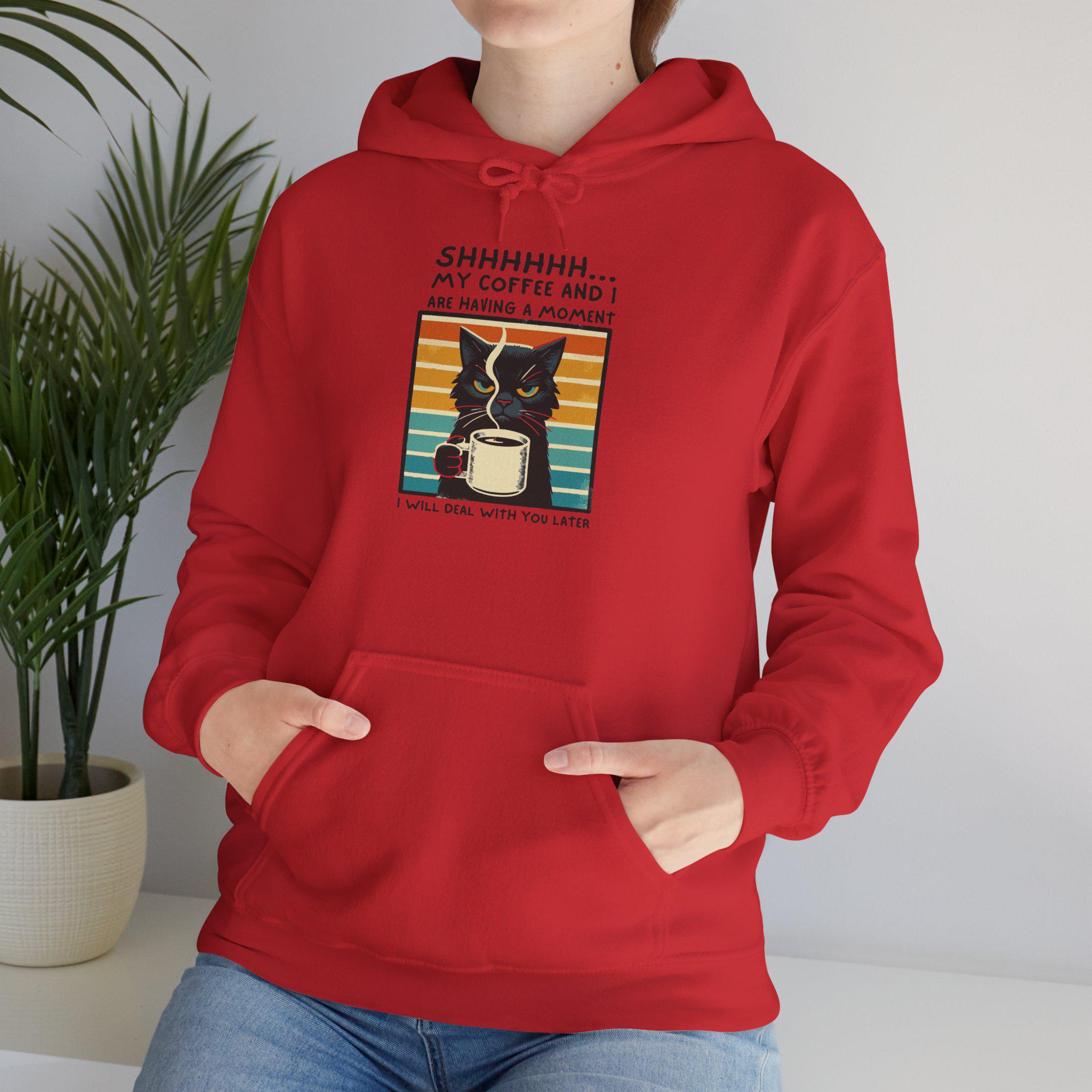 Coffee Cat – “Shhh… My Coffee and I Are Having a Moment” Hoodie Lifestyle Mockup | Nutty Designs