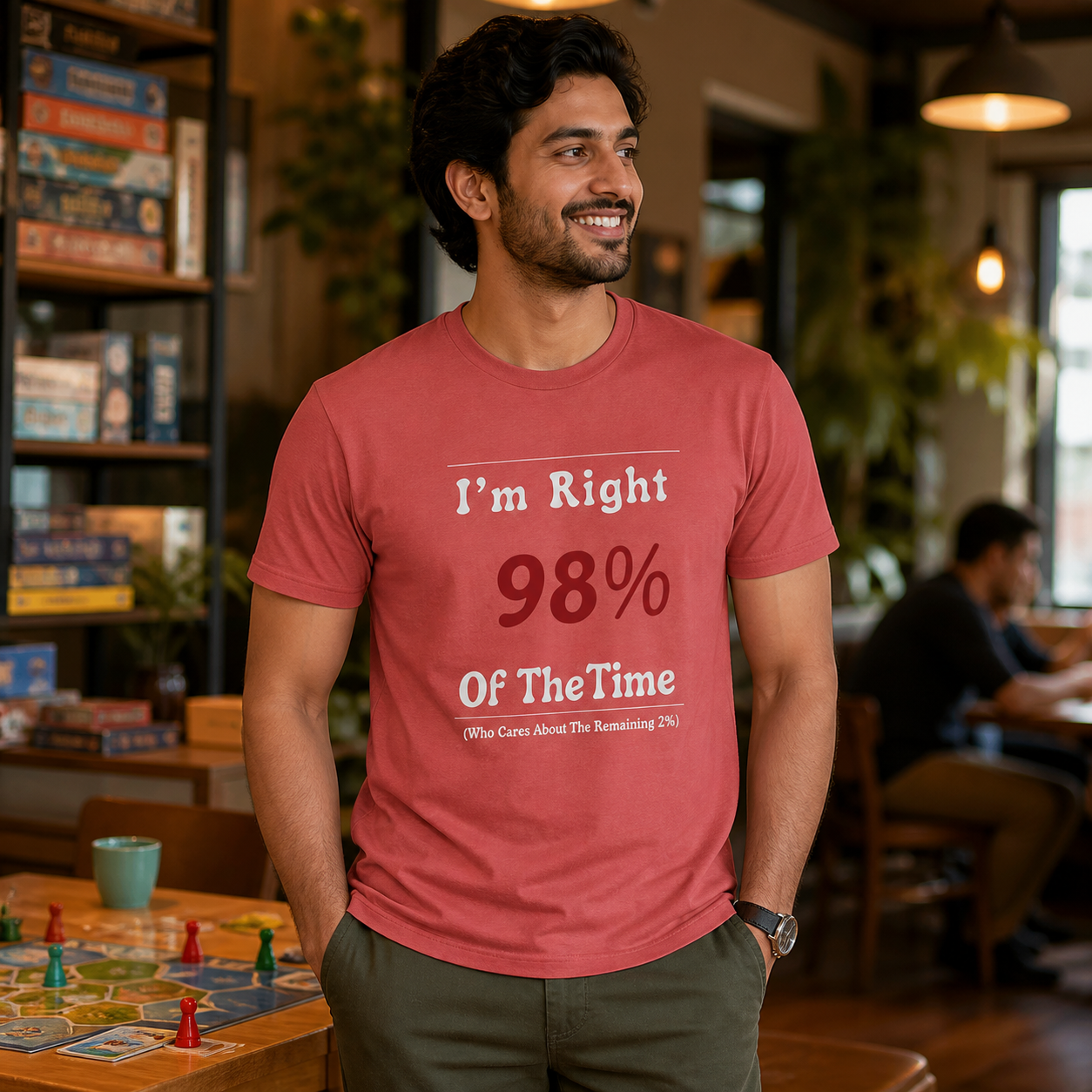 Man wearing I'm Right 98% of the Time funny graphic T-shirt at a board-game cafe