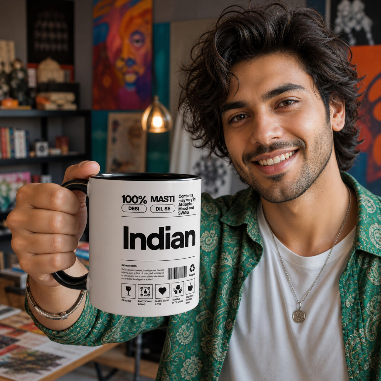 Young Indian man holding black-accent Indian Desi Roots mug