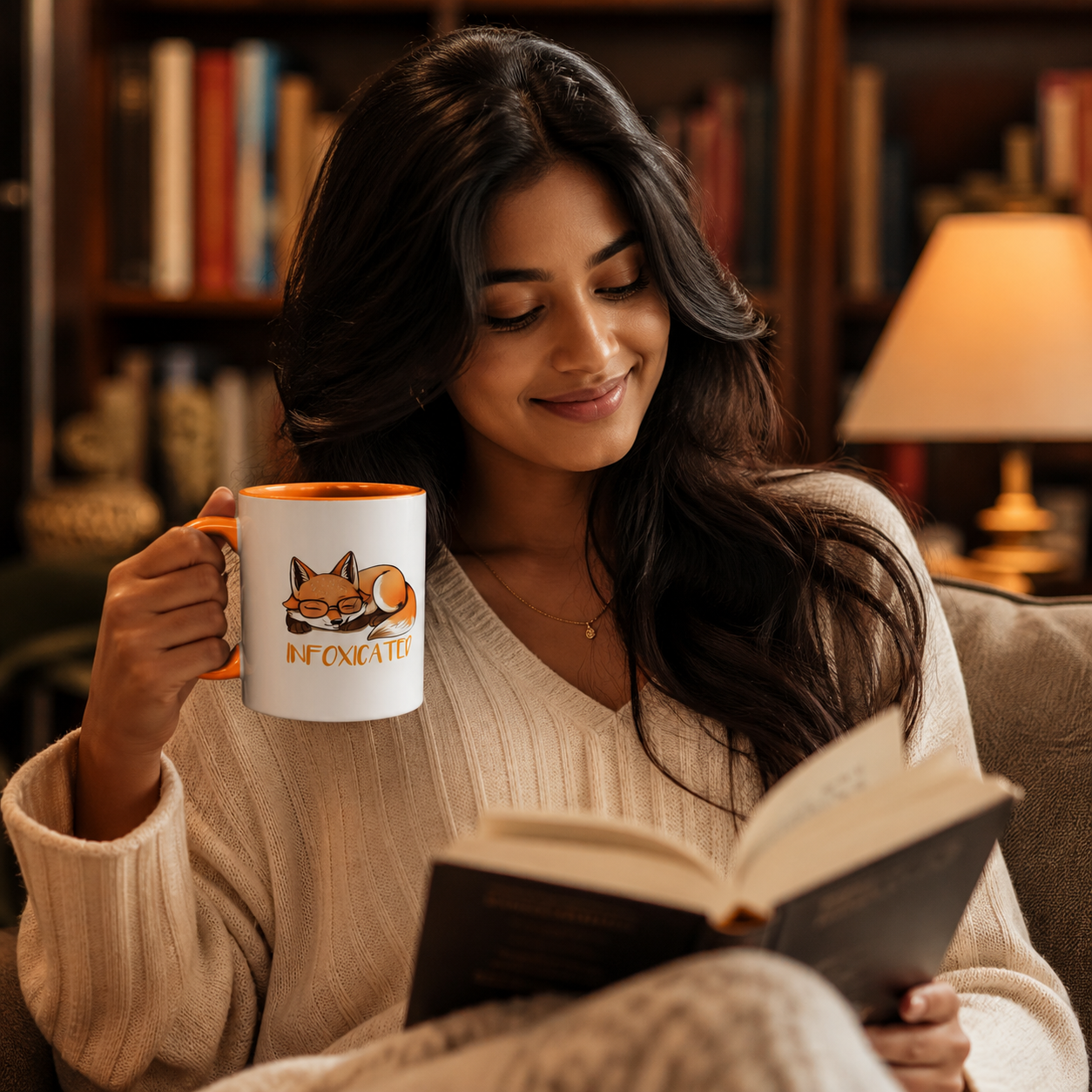 Young woman reading with orange-accent Infoxicated fox mug in a cozy library