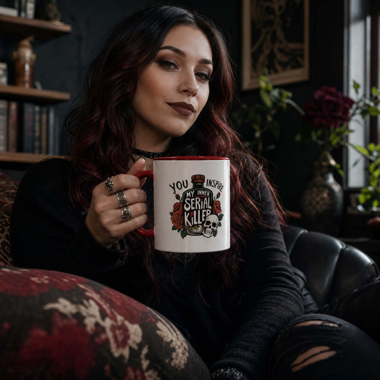 Young woman holding red-accent You Inspire My Inner Serial Killer mug