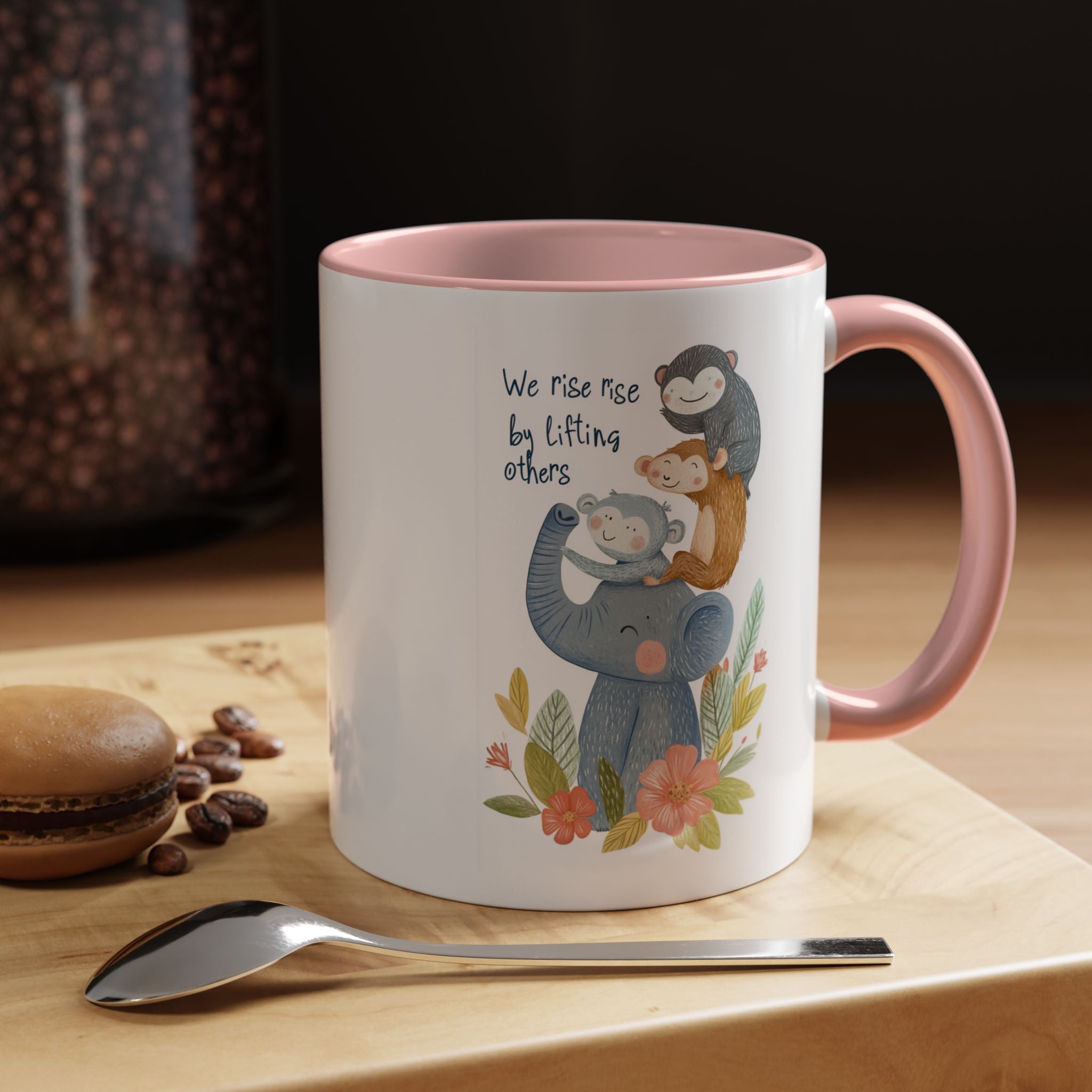 Inspirational Mug, Personalized Mug, We Rise By Lifting Others Accent Cup (11, 15oz), Gift Under 20, White Elephant