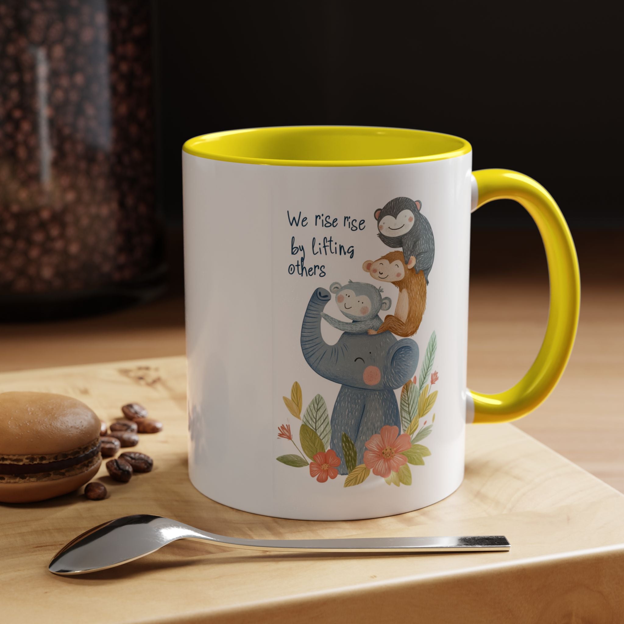 Inspirational Mug, Personalized Mug, We Rise By Lifting Others Accent Cup (11, 15oz), Gift Under 20, White Elephant