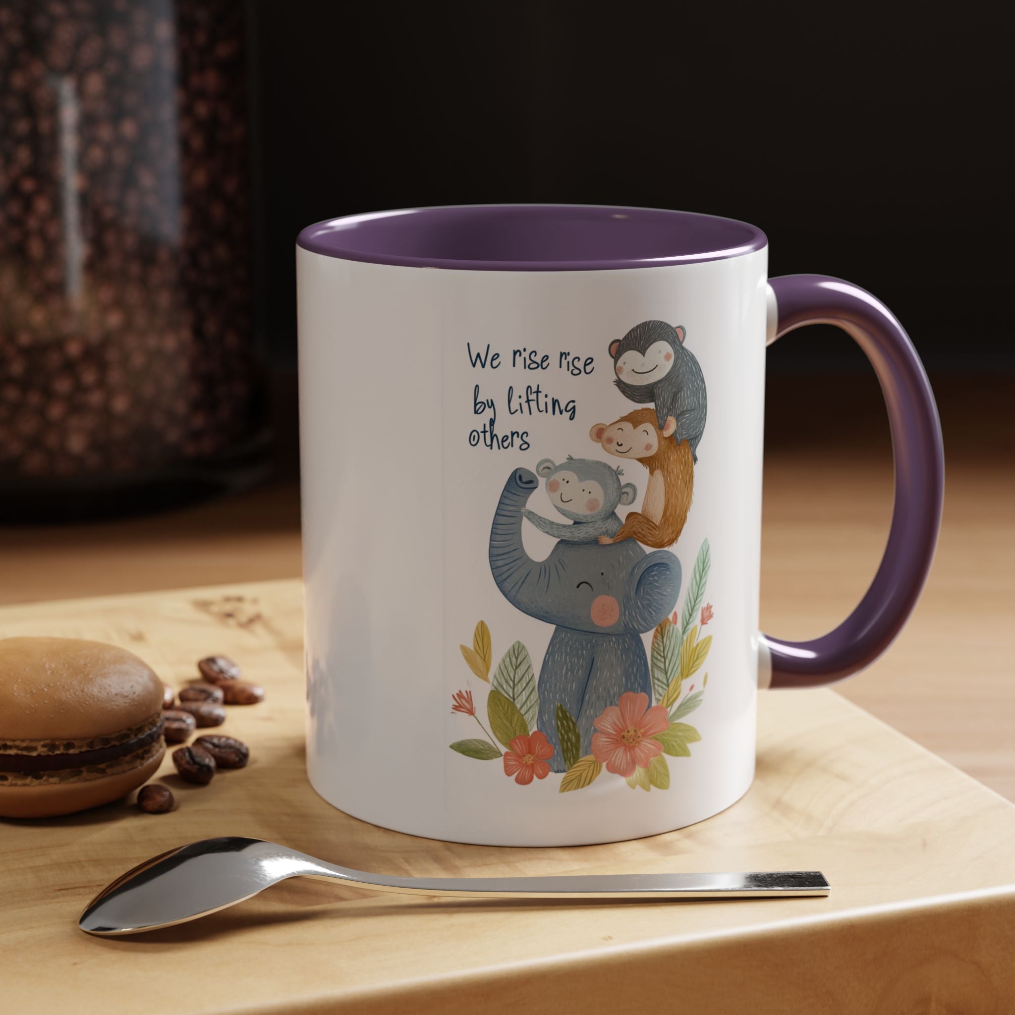 Inspirational Mug, Personalized Mug, We Rise By Lifting Others Accent Cup (11, 15oz), Gift Under 20, White Elephant