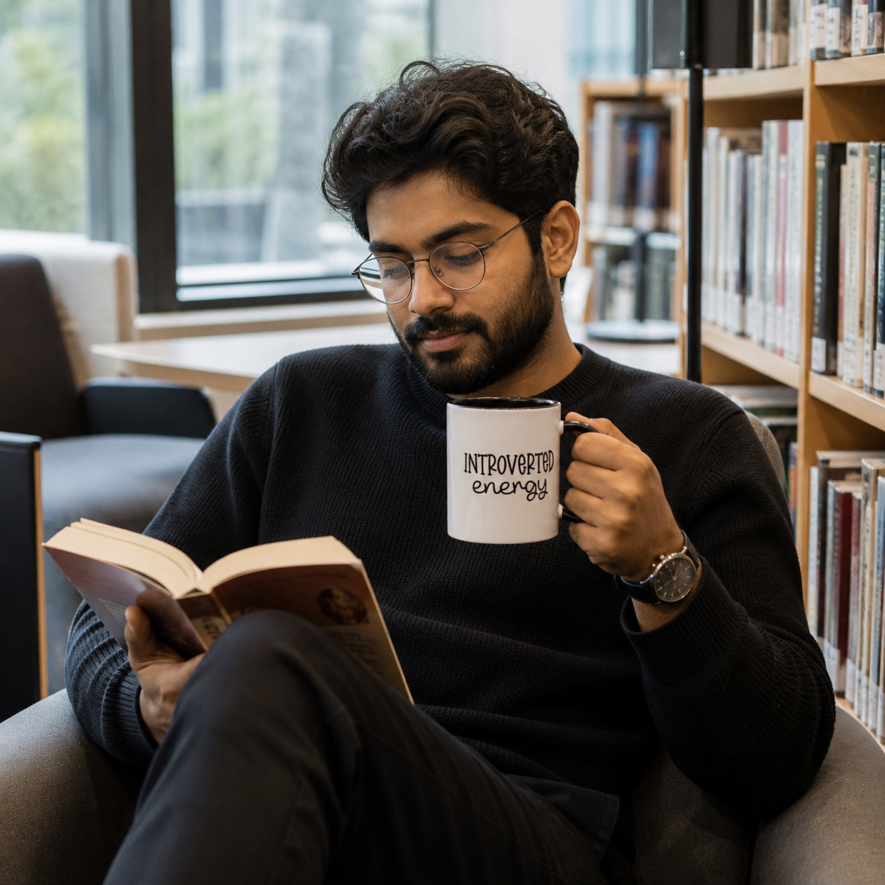 Young man reading while holding black accent Introverted Energy coffee mug