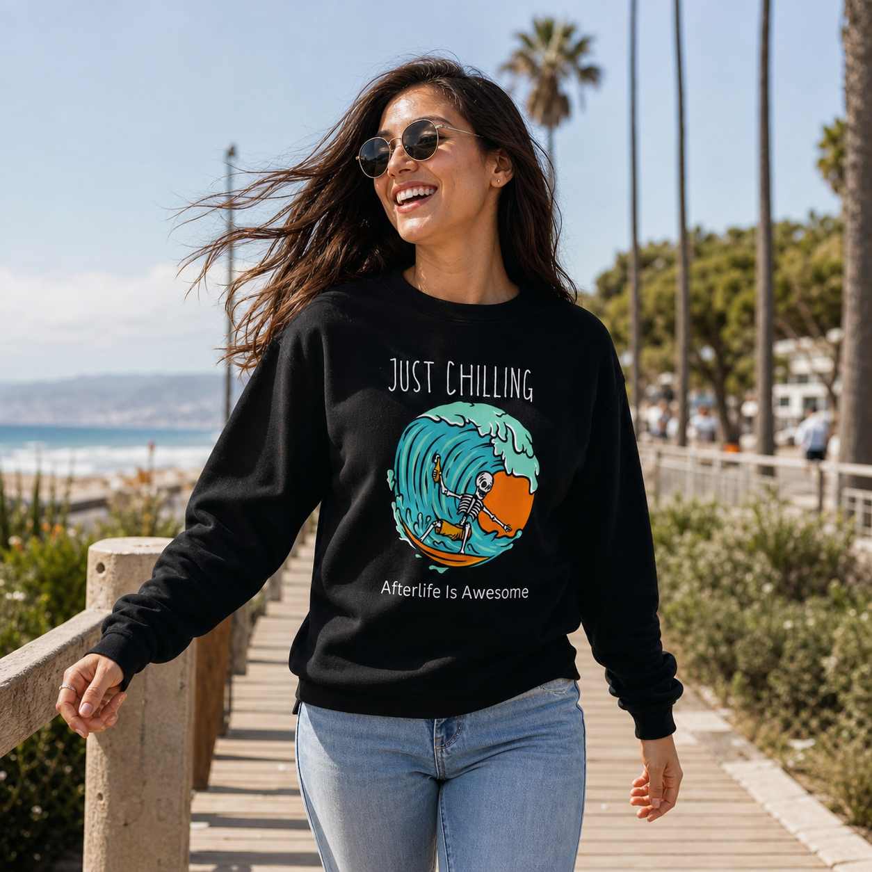 Person wearing funny Just Chilling skeleton graphic sweatshirt in a casual lifestyle setting