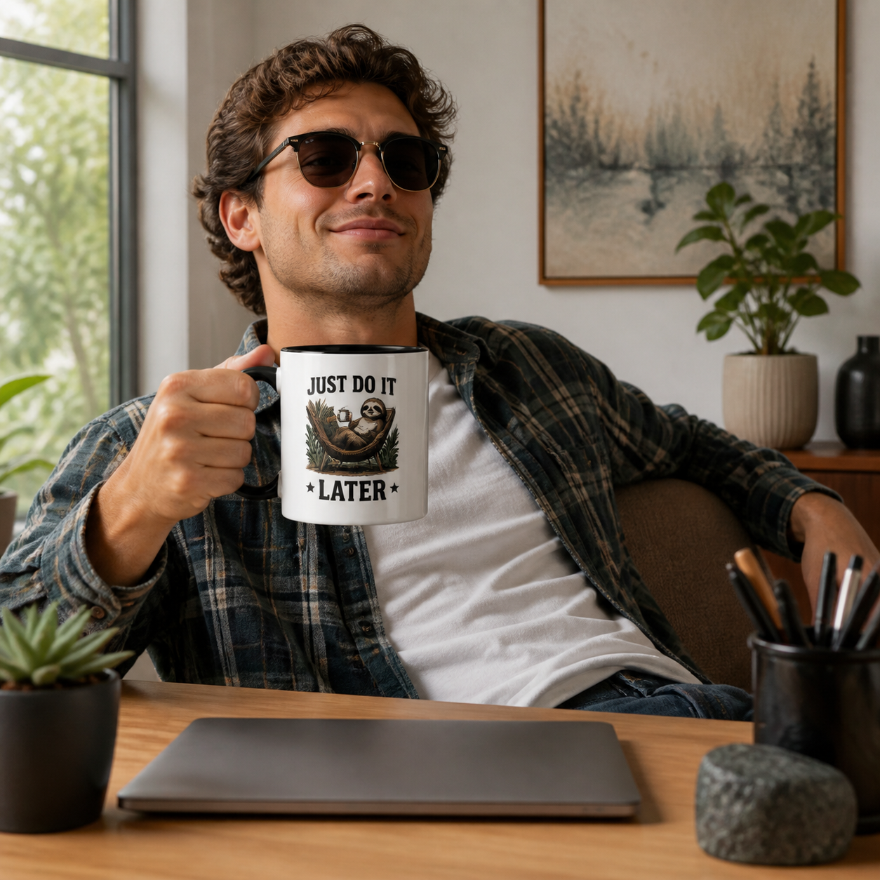 Young man holding black-accent Just Do It Later sloth mug