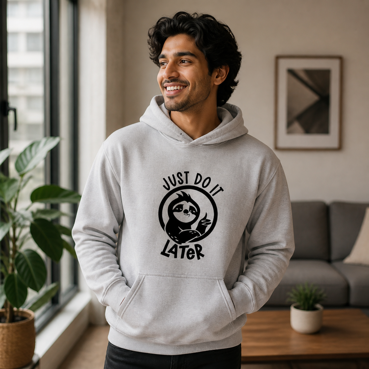 Just Do It Later sloth graphic hoodie lifestyle photo