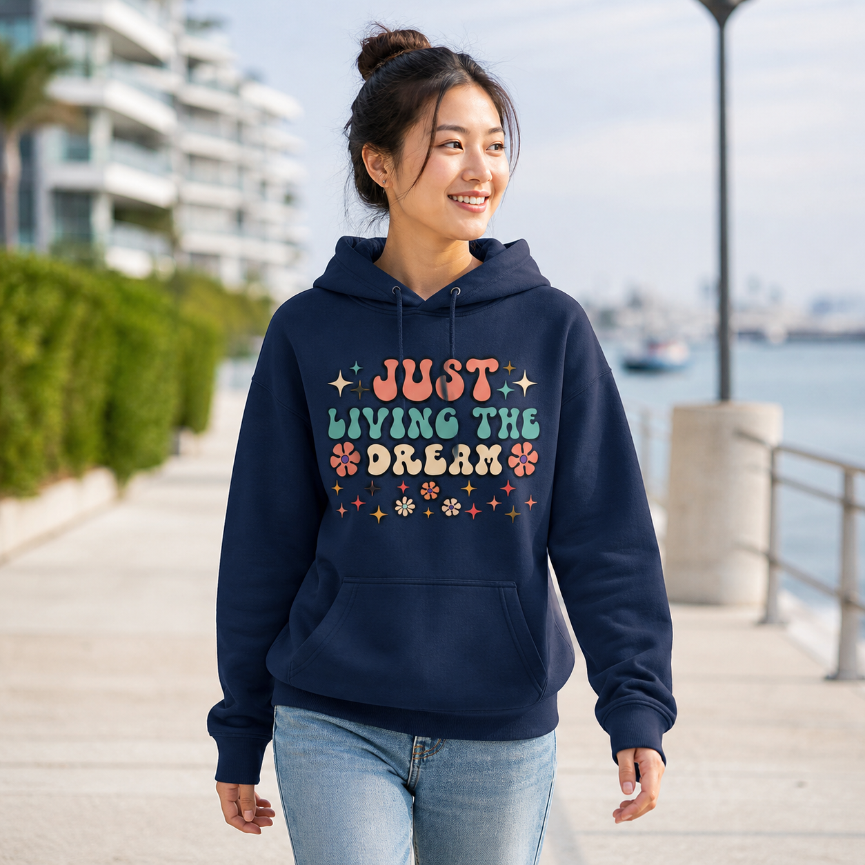 Just Living the Dream retro floral graphic hoodie lifestyle photo