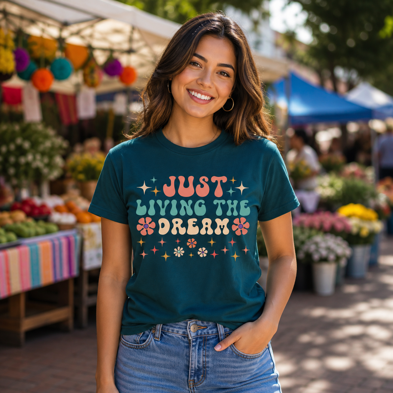Just Living the Dream retro floral graphic T-shirt lifestyle photo