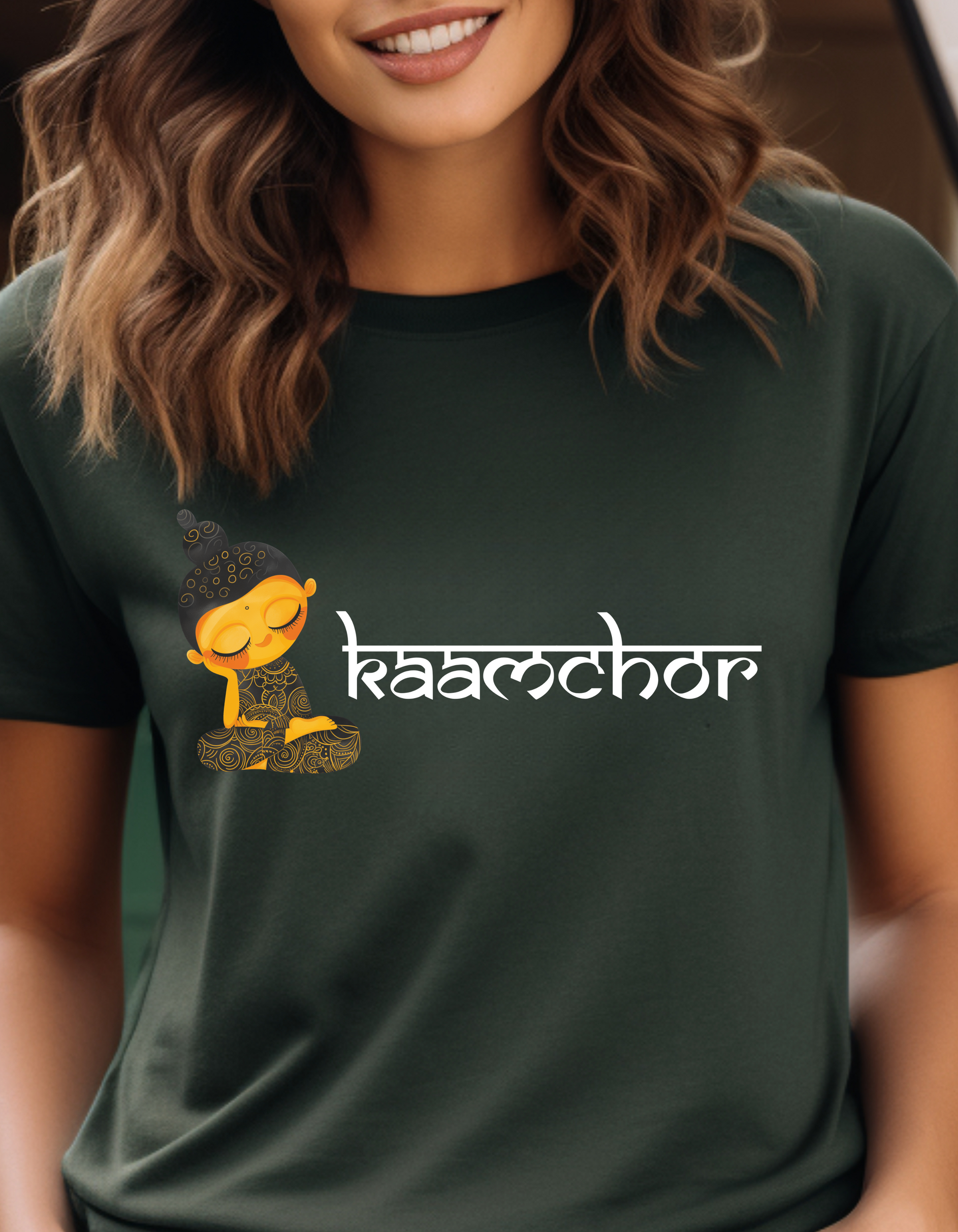 a woman wearing a t - shirt with a cartoon character on it