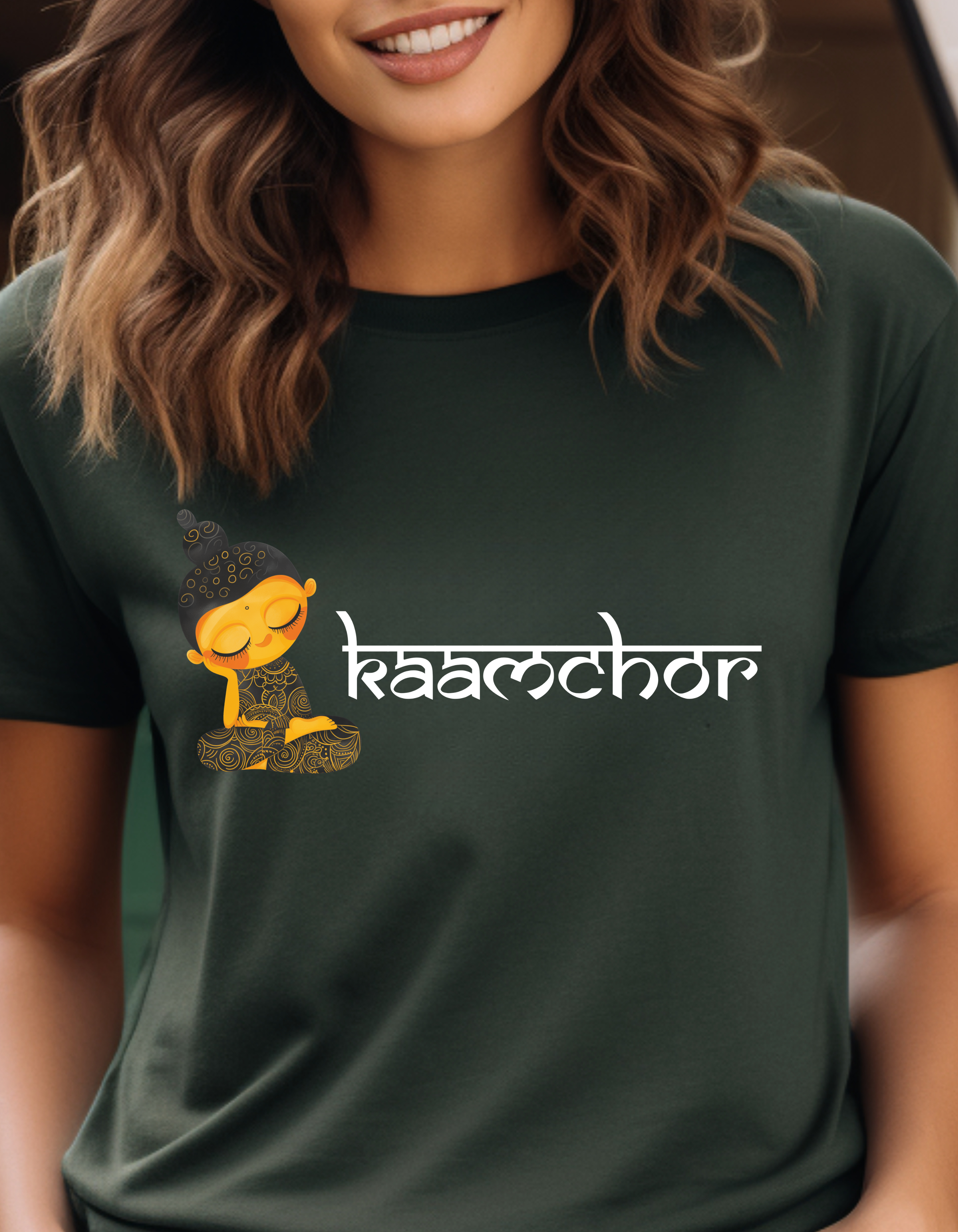 a woman wearing a t - shirt with a cartoon character on it