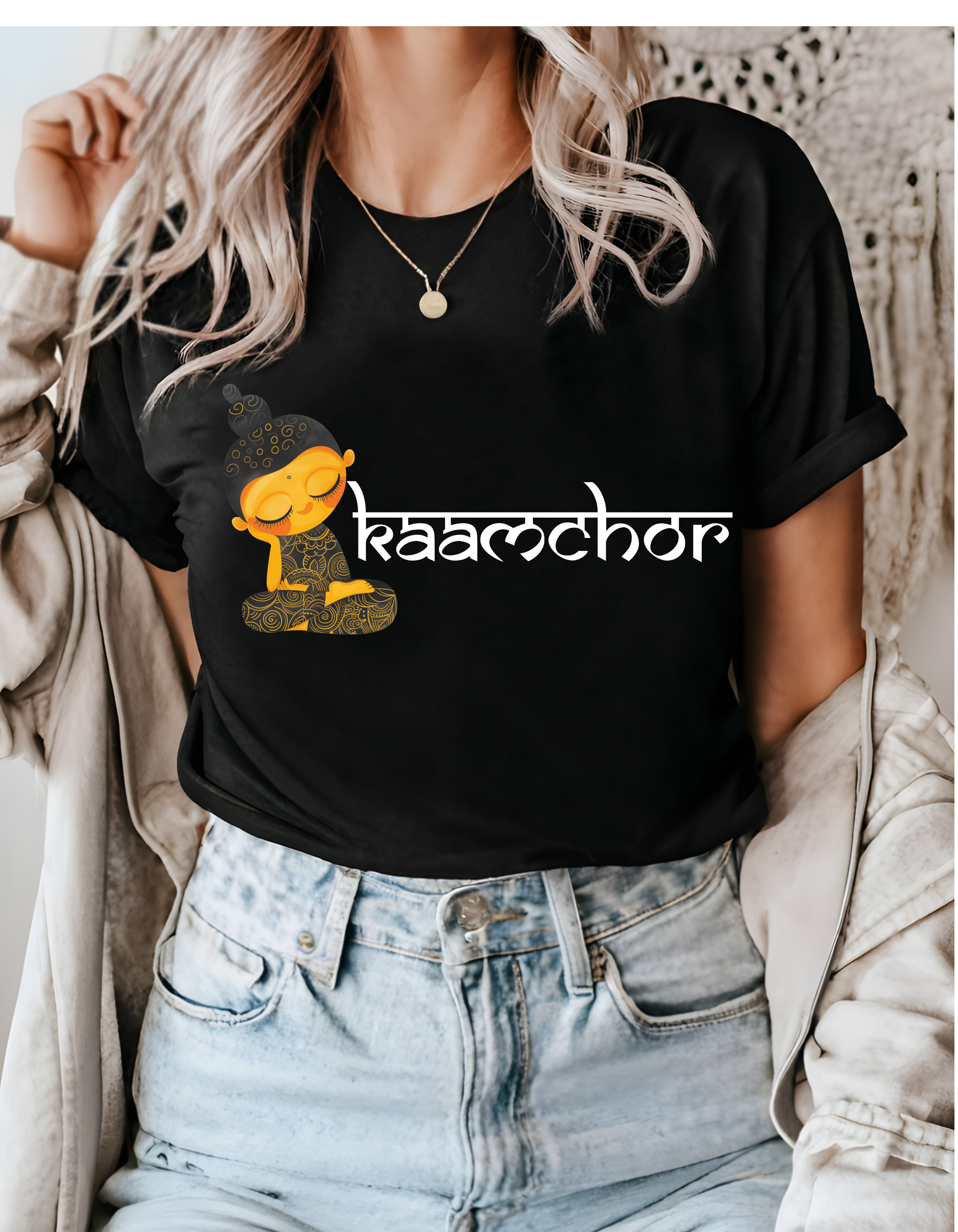 a woman wearing a black shirt with a cartoon character on it