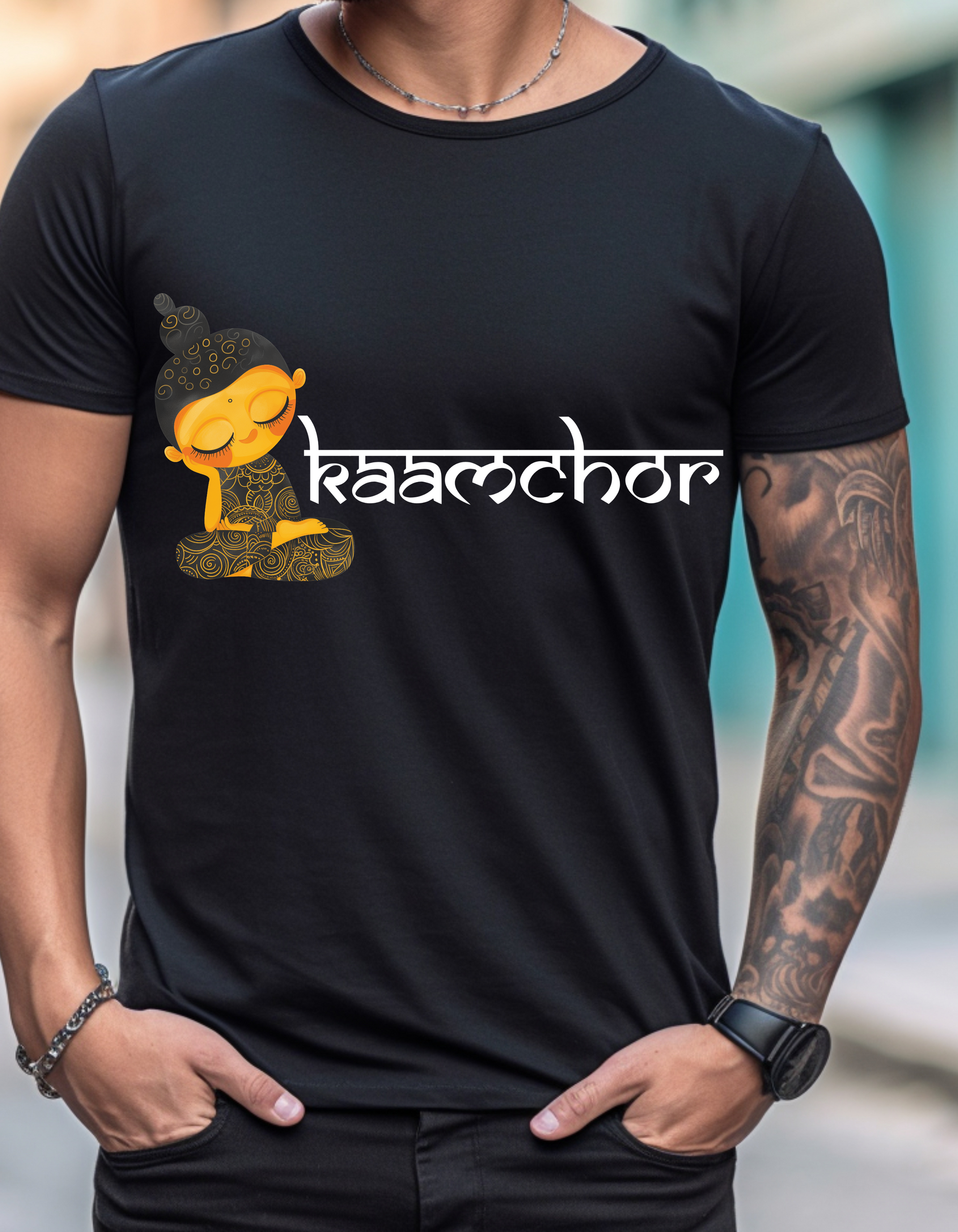 a man wearing a black shirt with a cartoon character on it