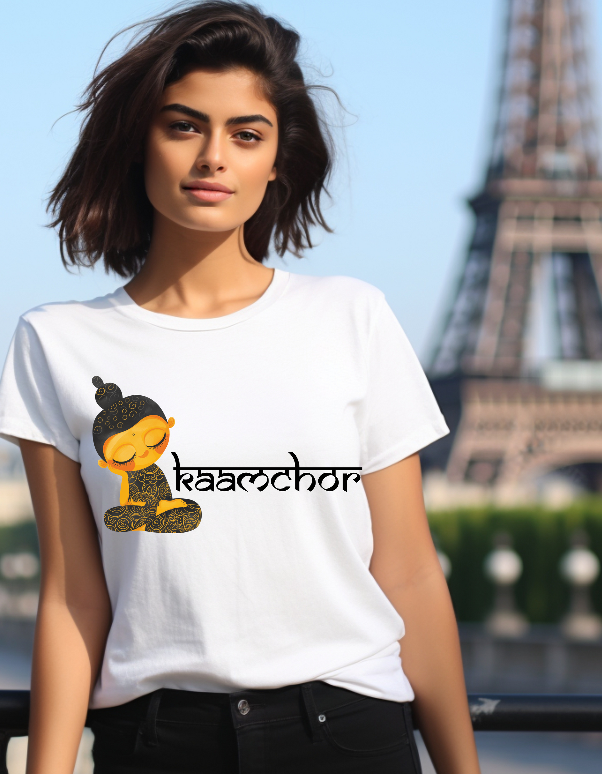 a woman standing in front of the eiffel tower