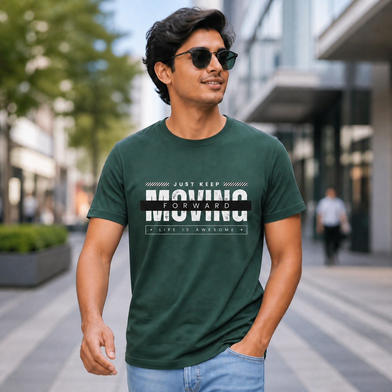 Young South Asian man wearing Just Keep Moving Forward graphic T-shirt in an urban setting