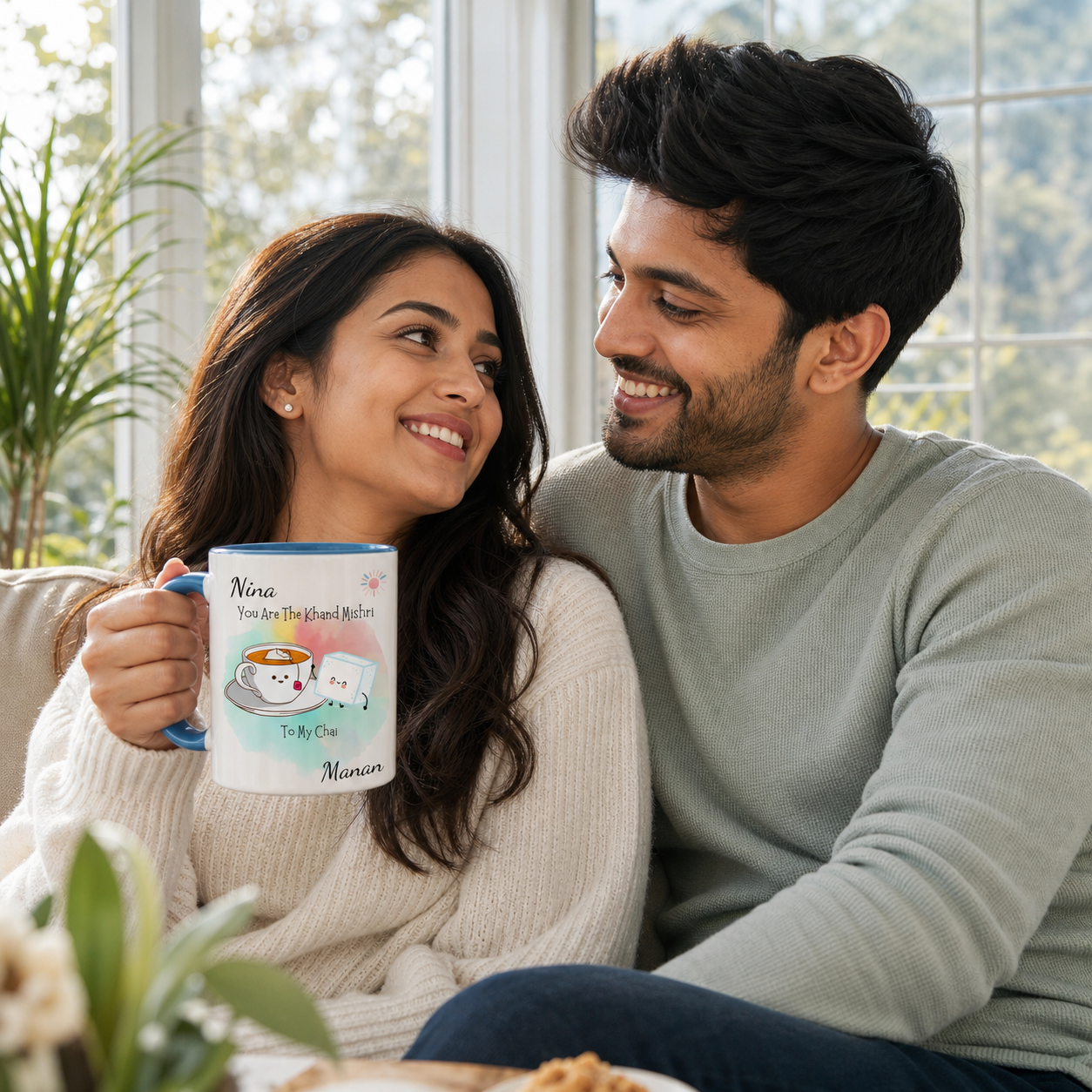 Young South Asian couple with a personalized blue accent You Are The Khand Mishri To My Chai mug