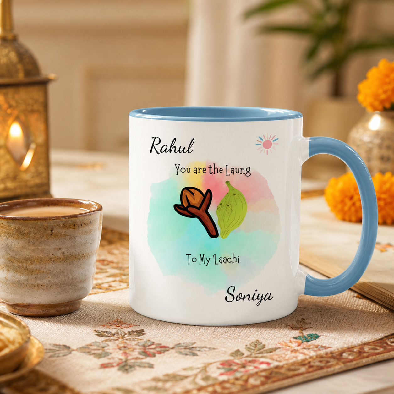 Personalized Laung to My Laachi light blue accent mug in an elegant chai setting