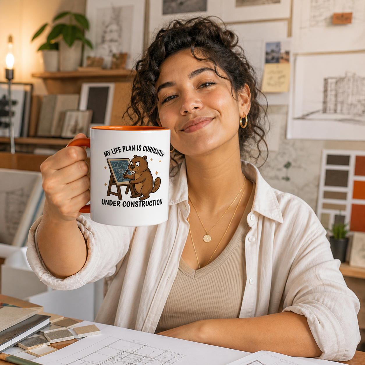 Young architect holding orange-accent My Life Plan Is Under Construction mug