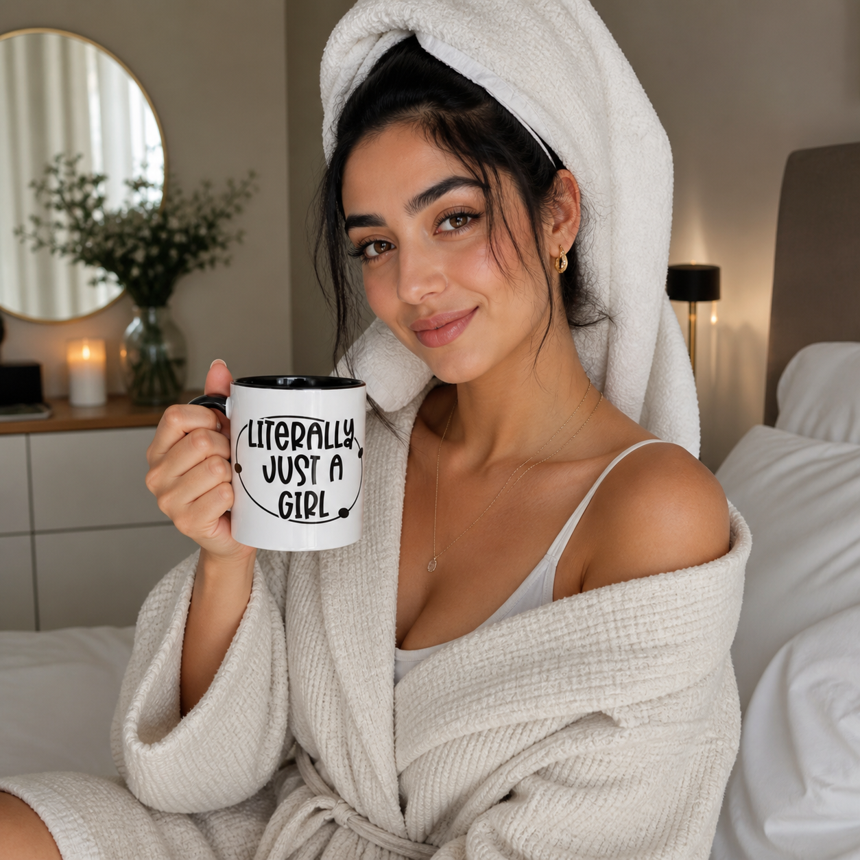 Young woman holding black-accent Literally Just a Girl mug