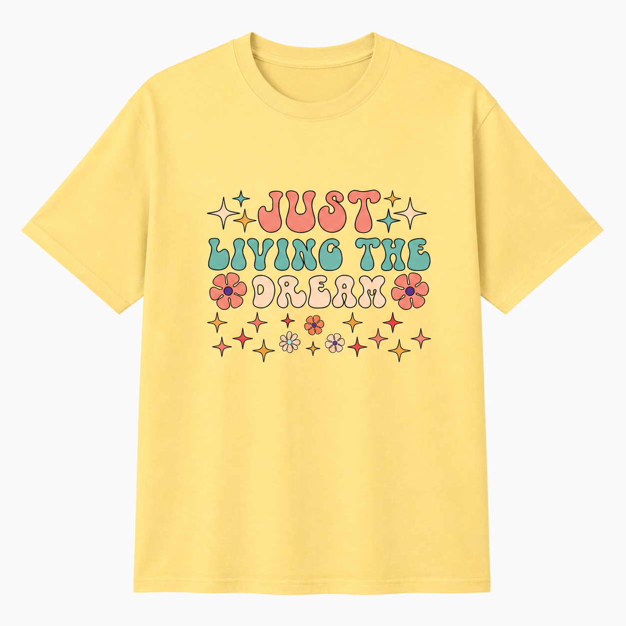 Just Living the Dream retro Daisy yellow T-shirt front product image
