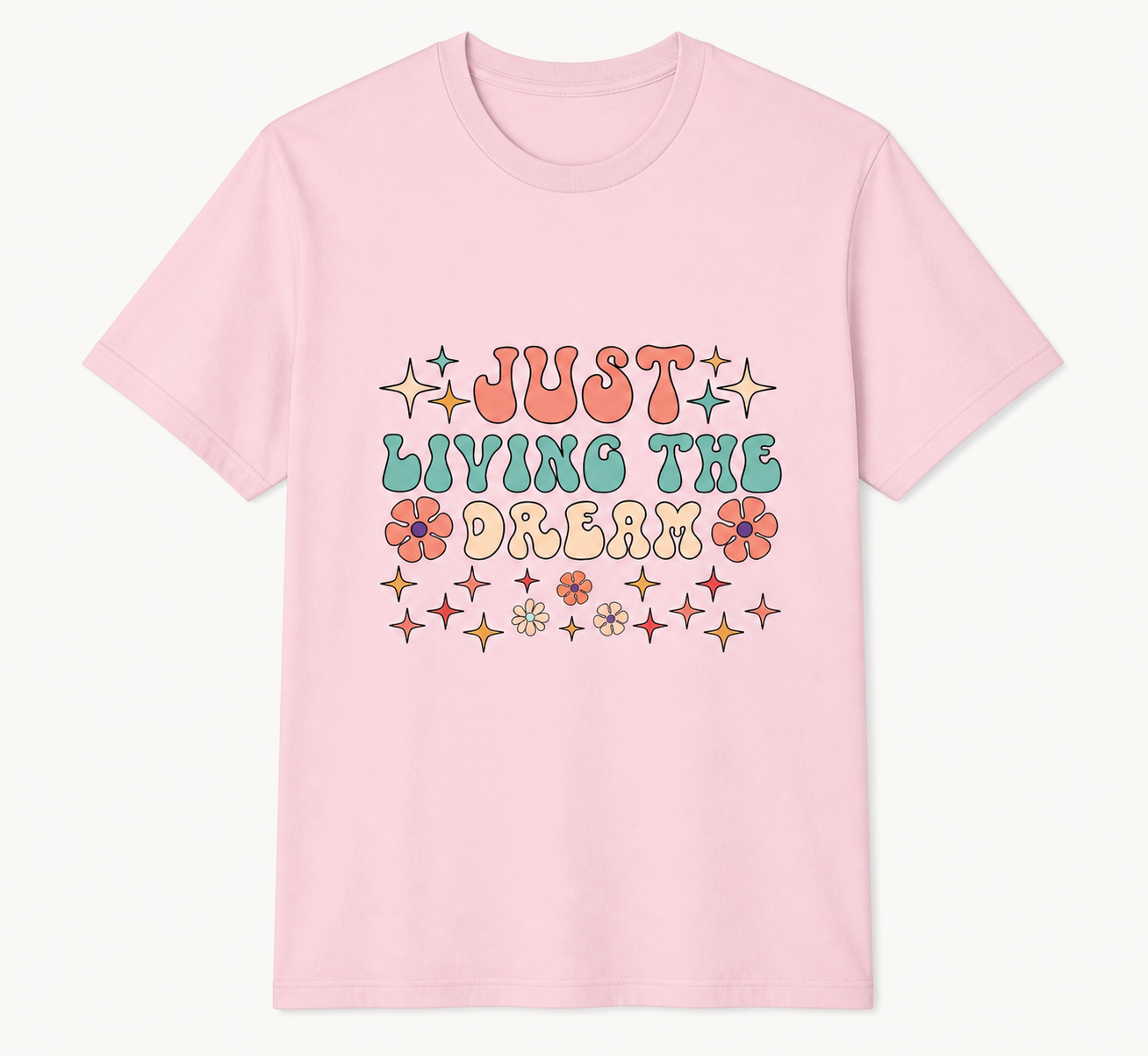 Just Living the Dream retro light pink T-shirt front product image