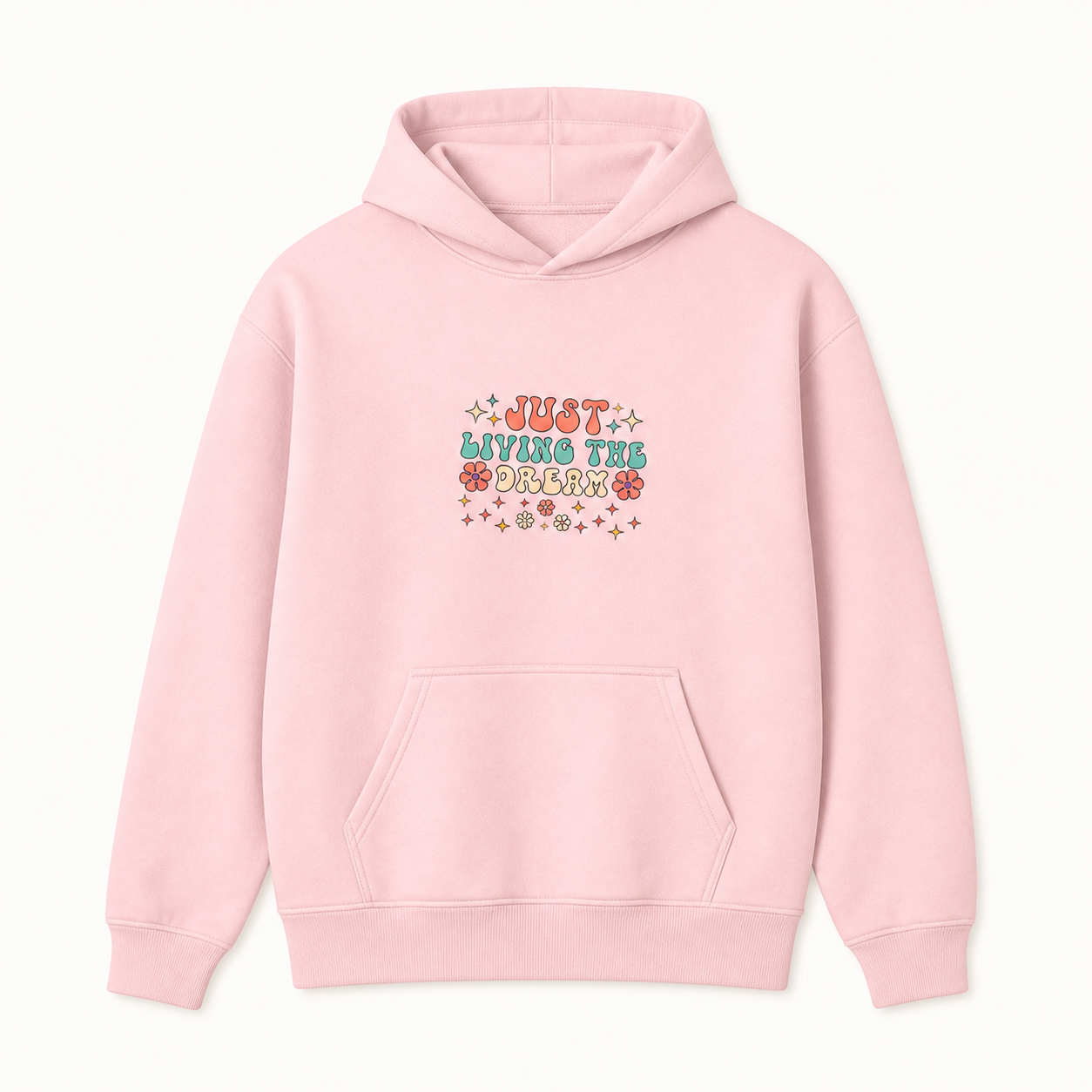 Just Living the Dream retro floral boho graphic light pink hoodie front product image