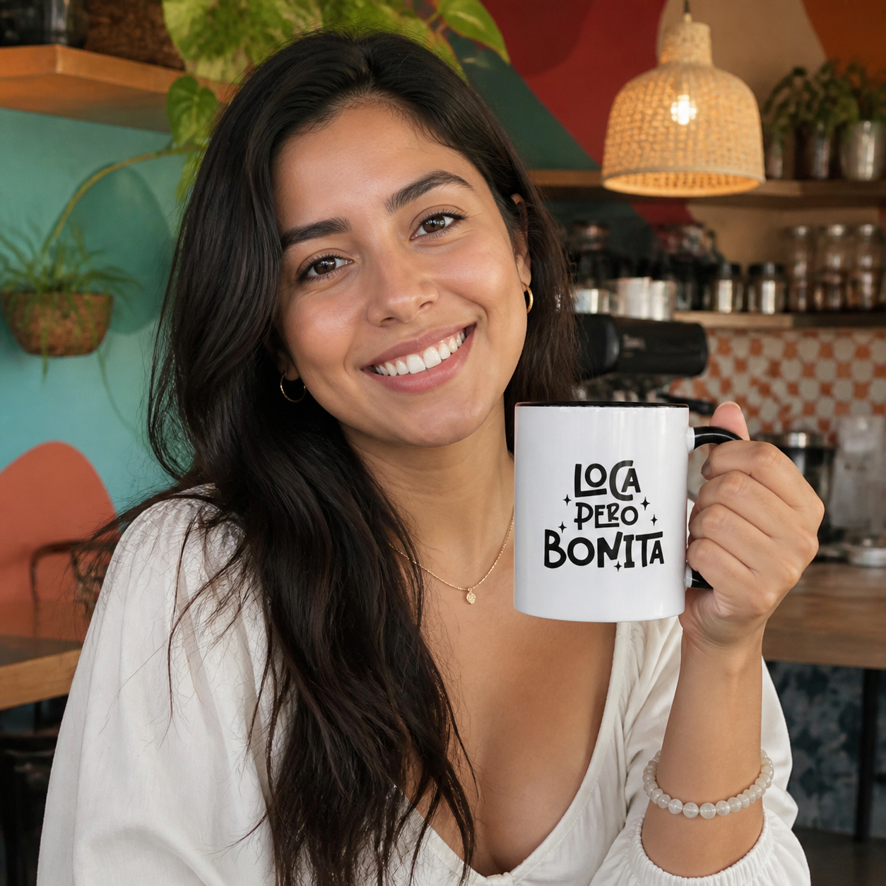 Young Latina woman holding black accent Loca Pero Bonita coffee mug in a colorful cafe