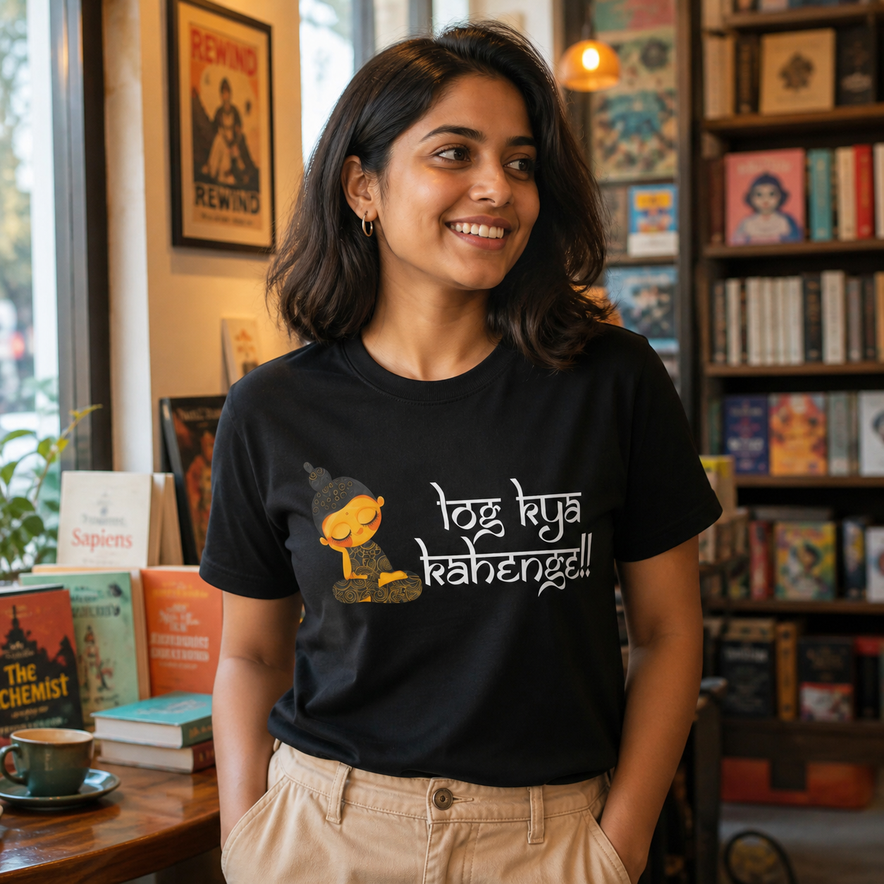 South Asian woman wearing a black Log Kya Kahenge graphic T-shirt in a bookstore cafe