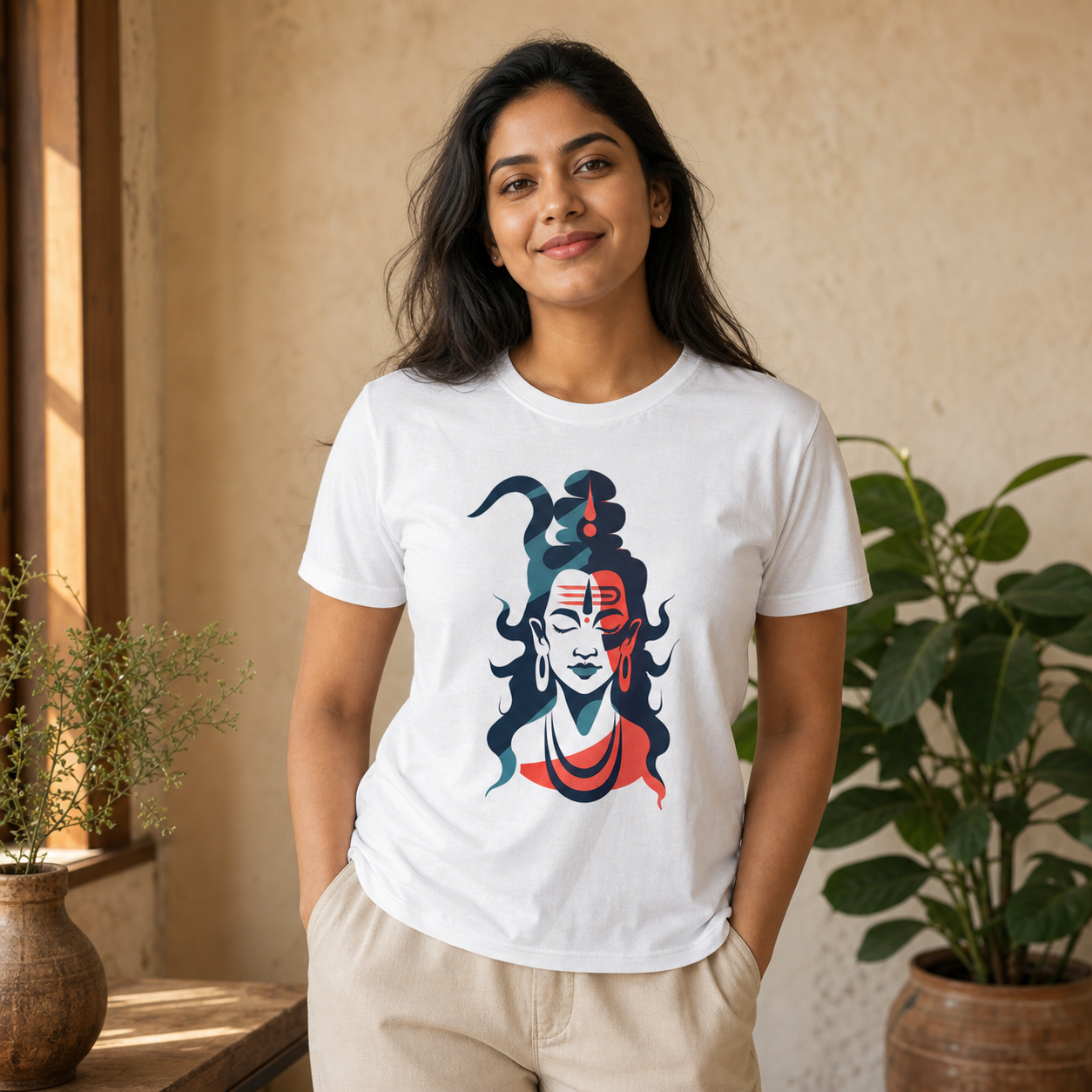 South Asian woman wearing a white Lord Shiva graphic T-shirt in a warm indoor lifestyle setting