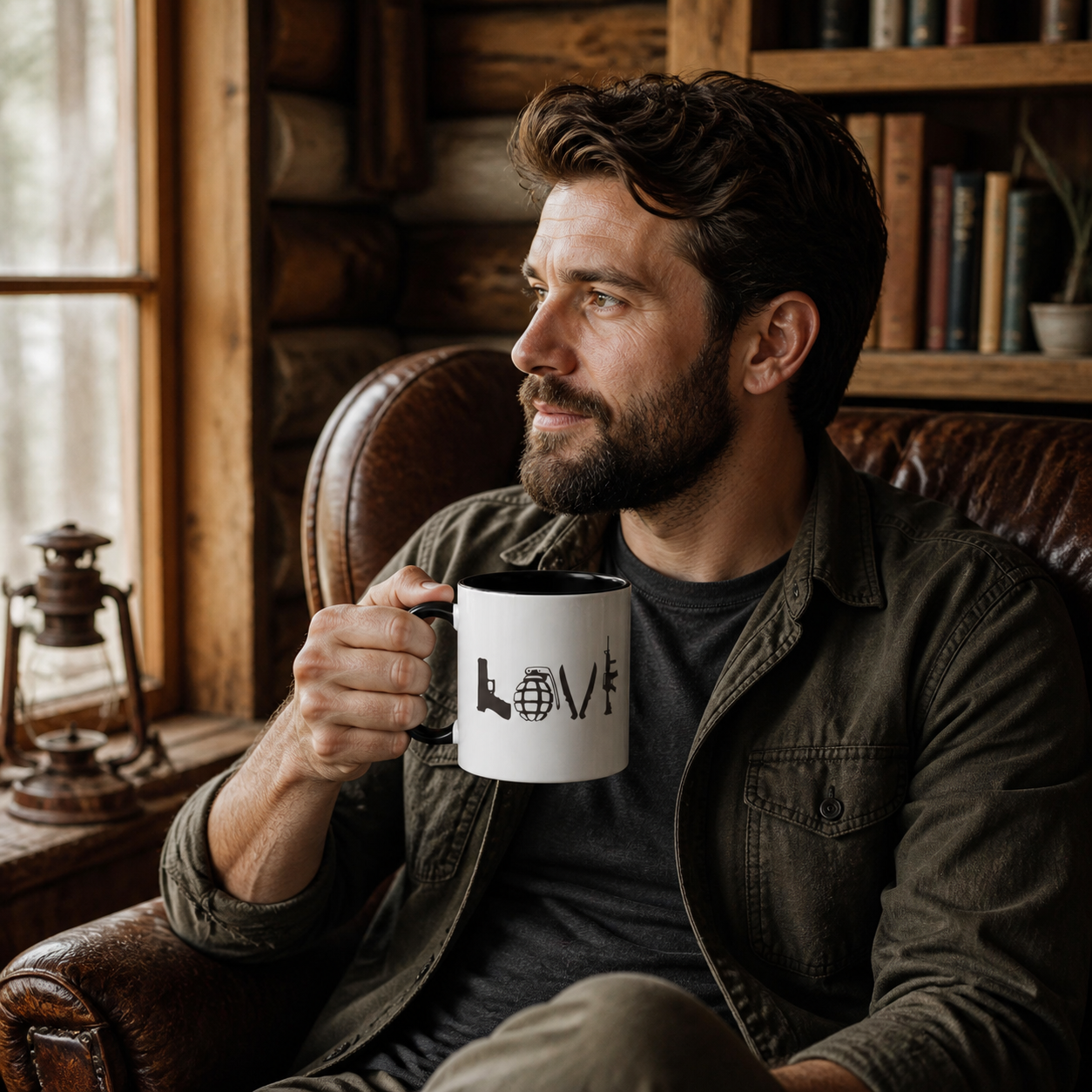 Man holding black accent LOVE pictogram coffee mug in a rustic cabin