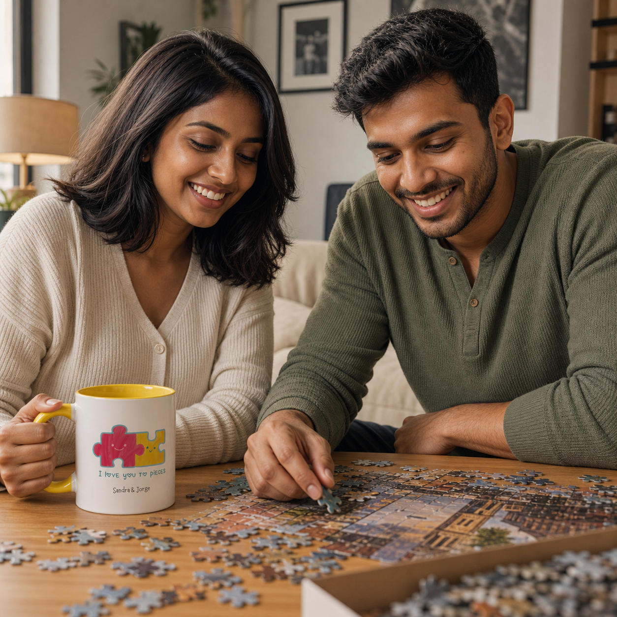 Young couple holding personalized yellow-accent I Love You to Pieces mug while doing a puzzle