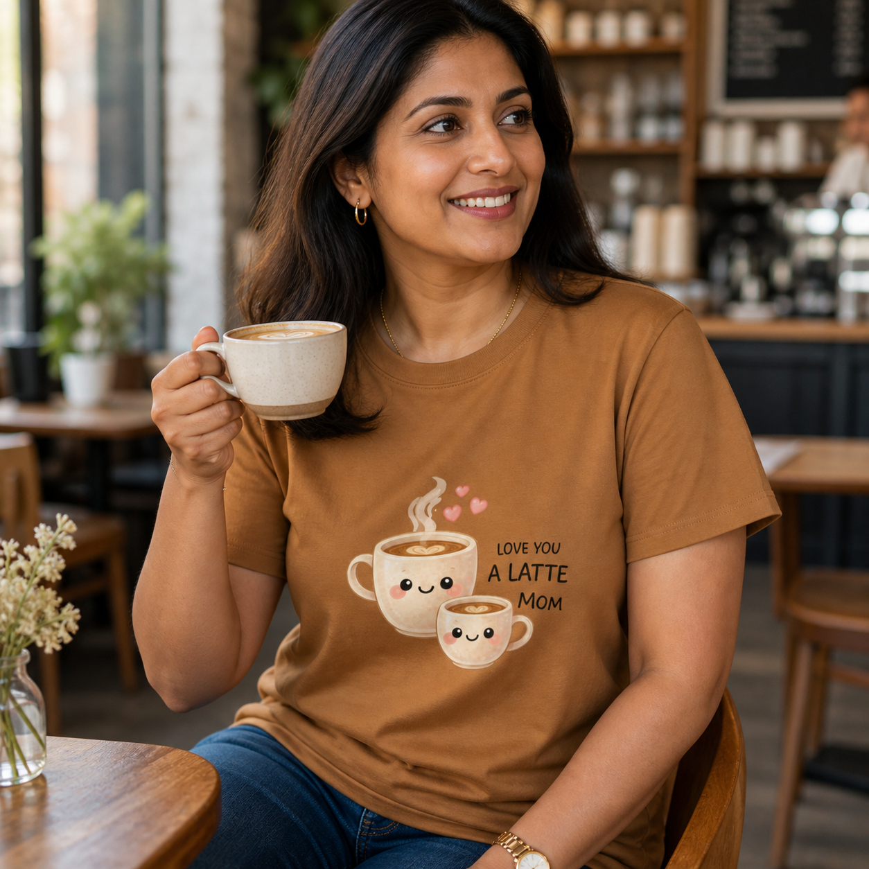 South Asian mom wearing Love You a Latte Mom T-shirt at a cafe