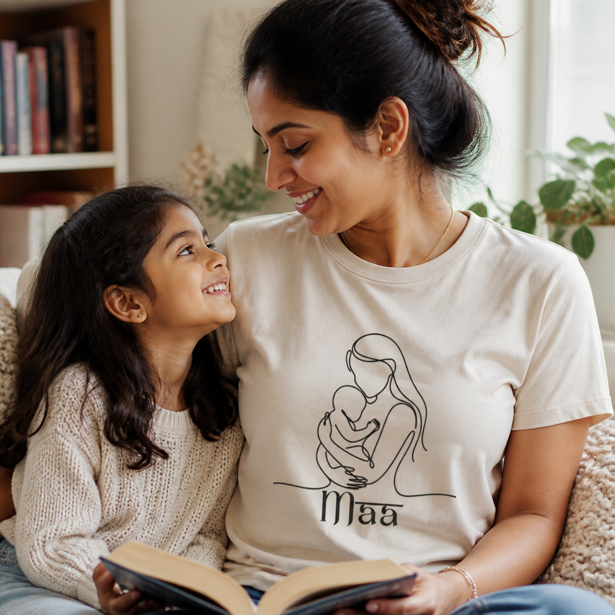 South Asian mother wearing Maa line art T-shirt while reading with her daughter