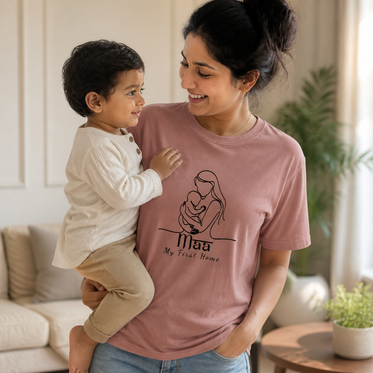South Asian mom wearing Maa My First Home line art T-shirt while holding her toddler