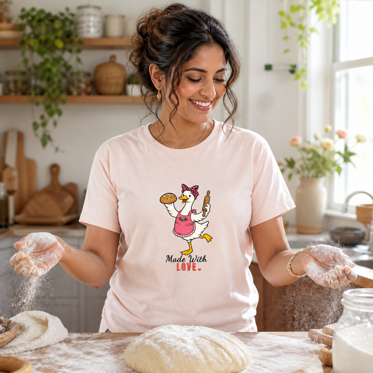 South Asian mom wearing Made With Love baker goose T-shirt while baking bread