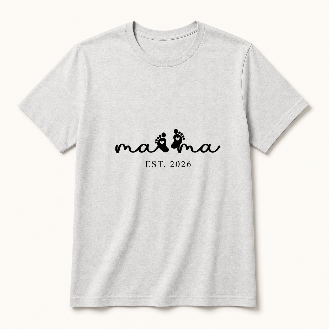 Mama Est. 2026 baby footprints silver T-shirt front product image