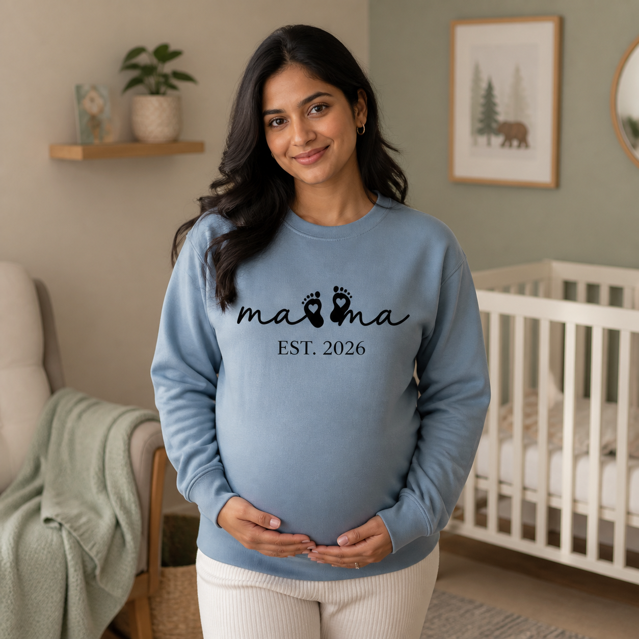 Mama Est. 2026 baby footprints crewneck sweatshirt maternity lifestyle photo