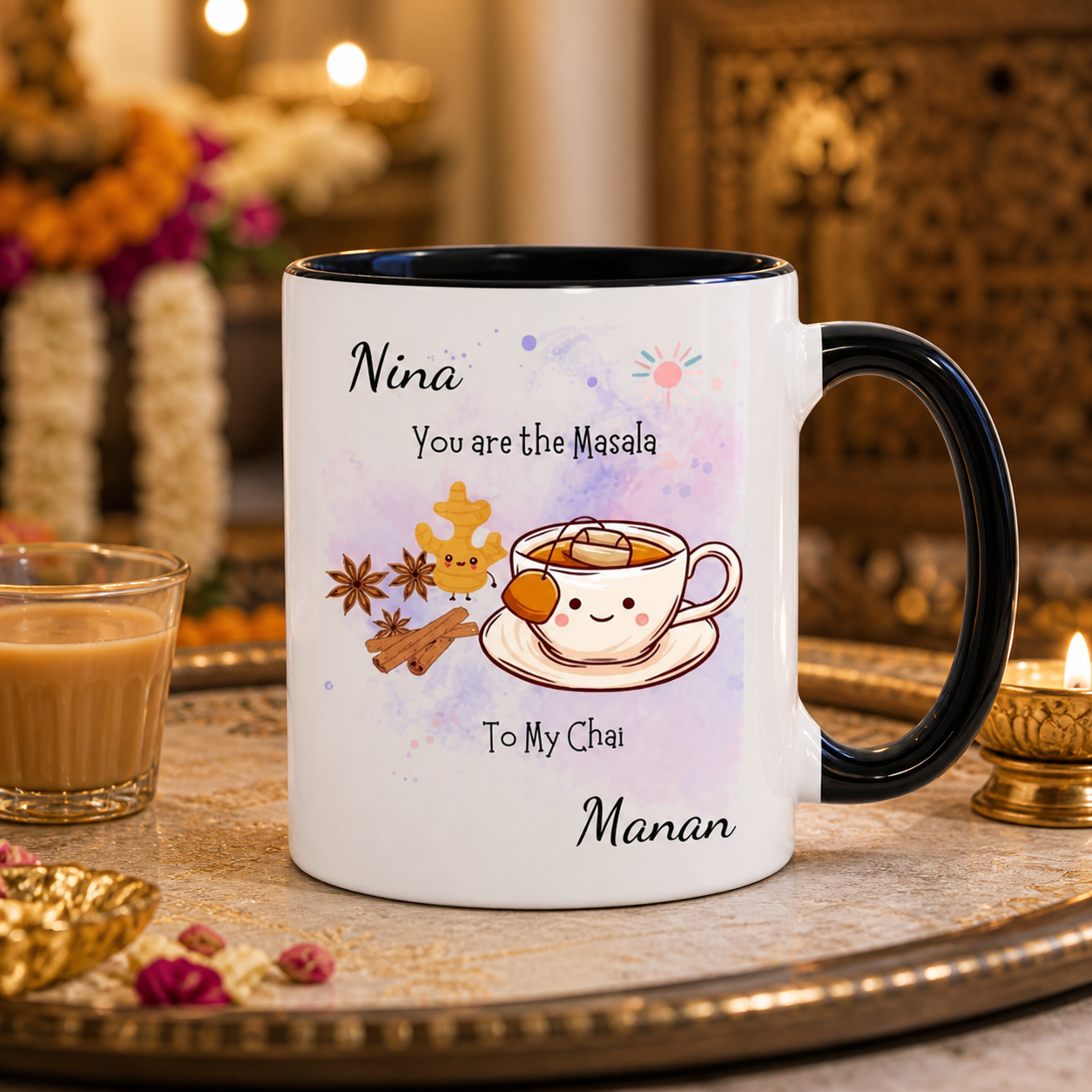 Personalized Masala to My Chai black accent mug in an elegant chai setting