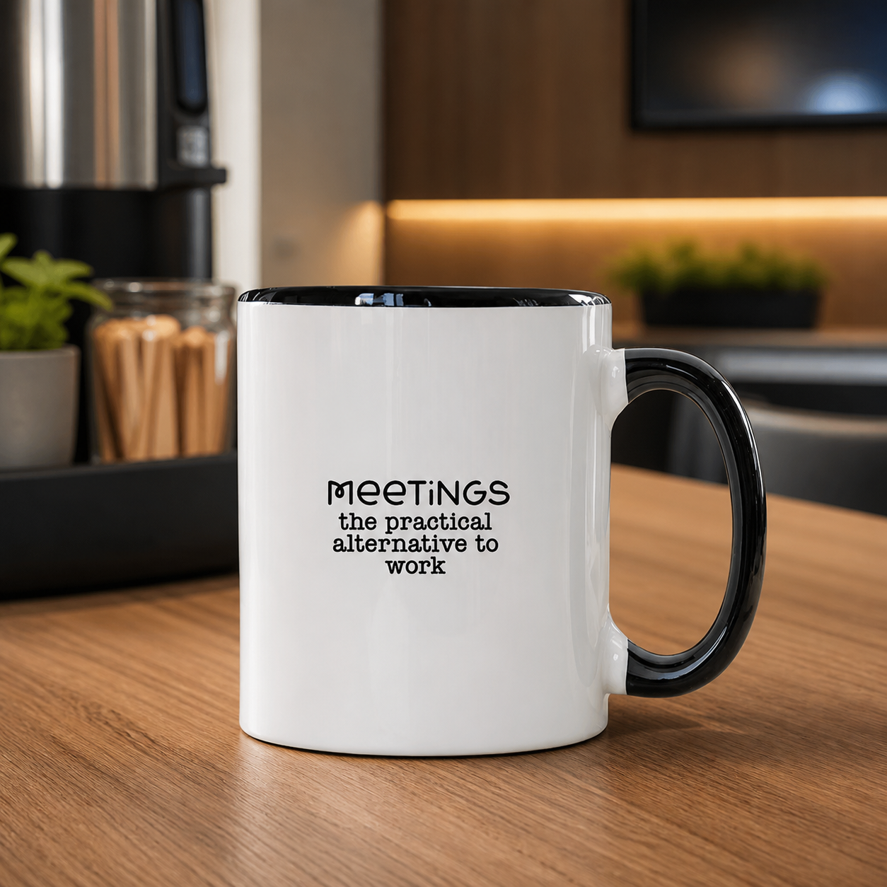 Meetings the Practical Alternative to Work black accent mug
