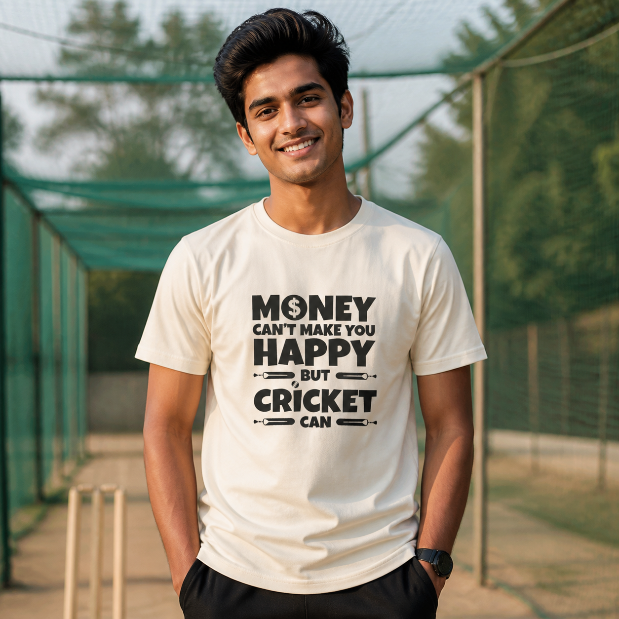 Young man wearing Money Can't Make You Happy but Cricket Can graphic T-shirt at cricket nets